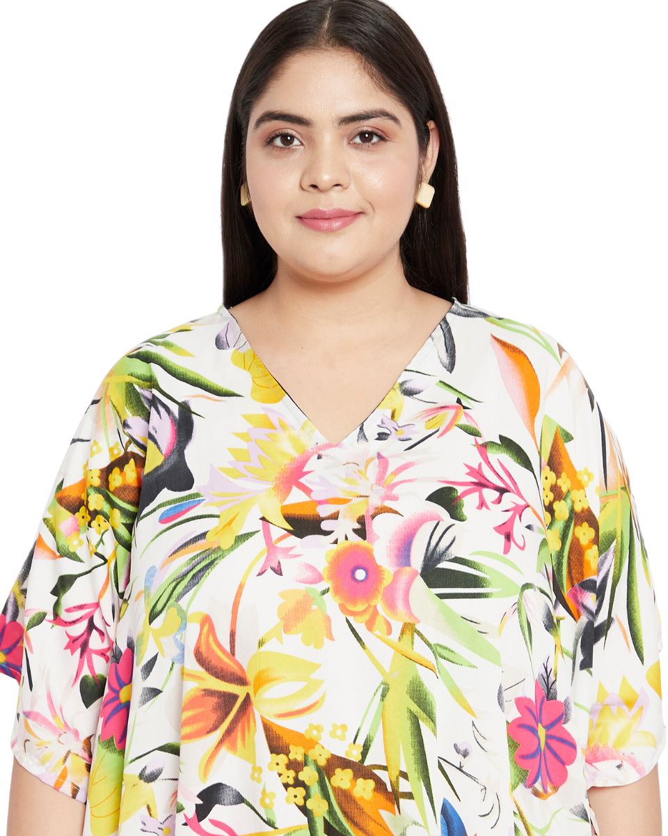 Floral Printed White Polyester Plus Size Kaftan Dress For Women