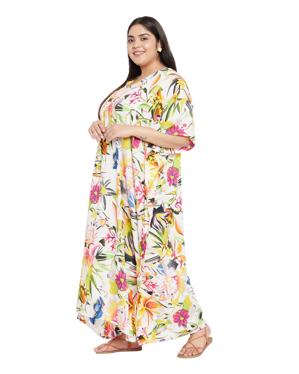 Floral Printed White Polyester Plus Size Kaftan Dress For Women