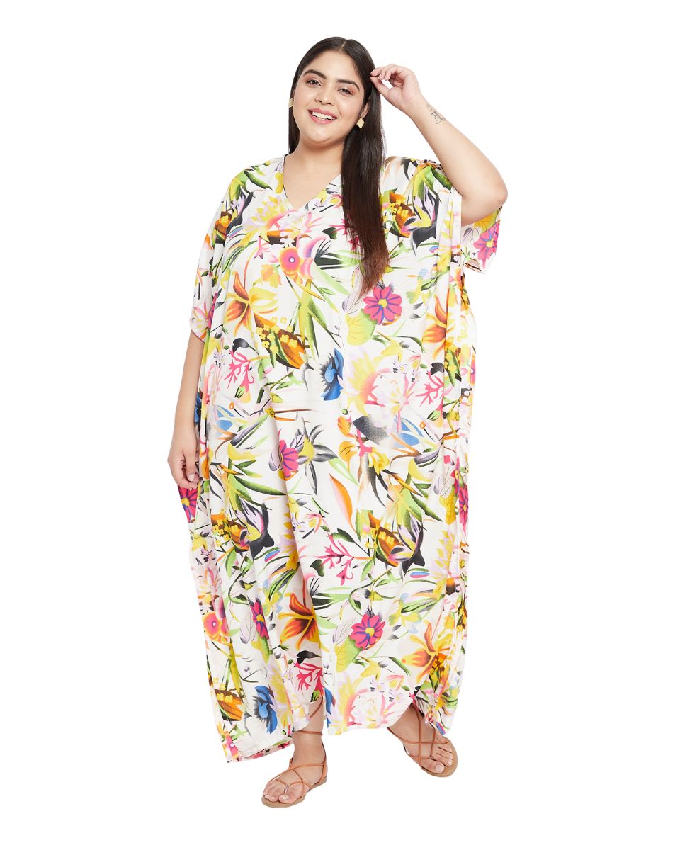 Floral Printed White Polyester Plus Size Kaftan Dress For Women