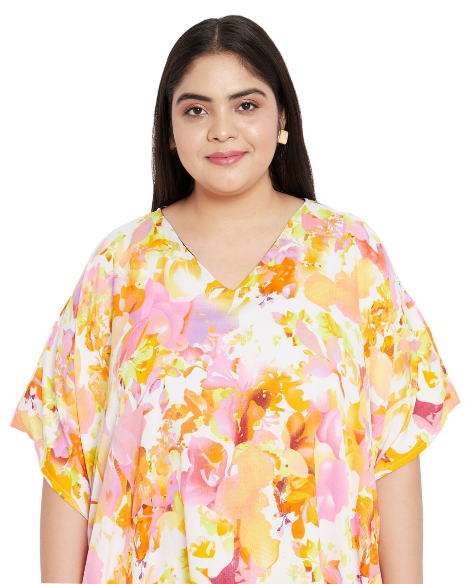 Floral Printed Orange Polyester Plus Size Kaftan Dress For Women