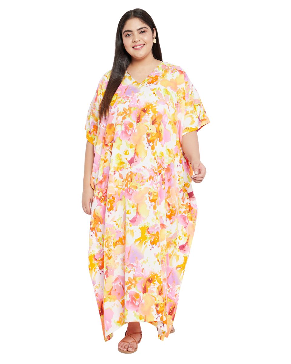 Floral Printed Orange Polyester Plus Size Kaftan Dress For Women