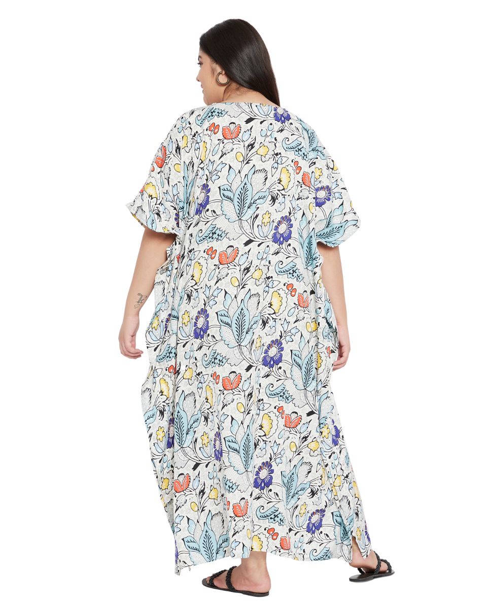 Floral Printed Off-White Polyester Plus Size Kaftan Dress For Women