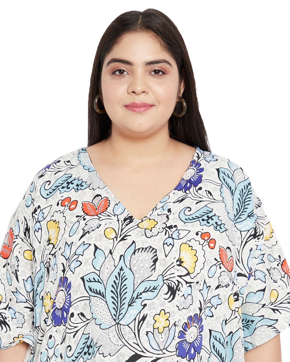 Floral Printed Off-White Polyester Plus Size Kaftan Dress For Women