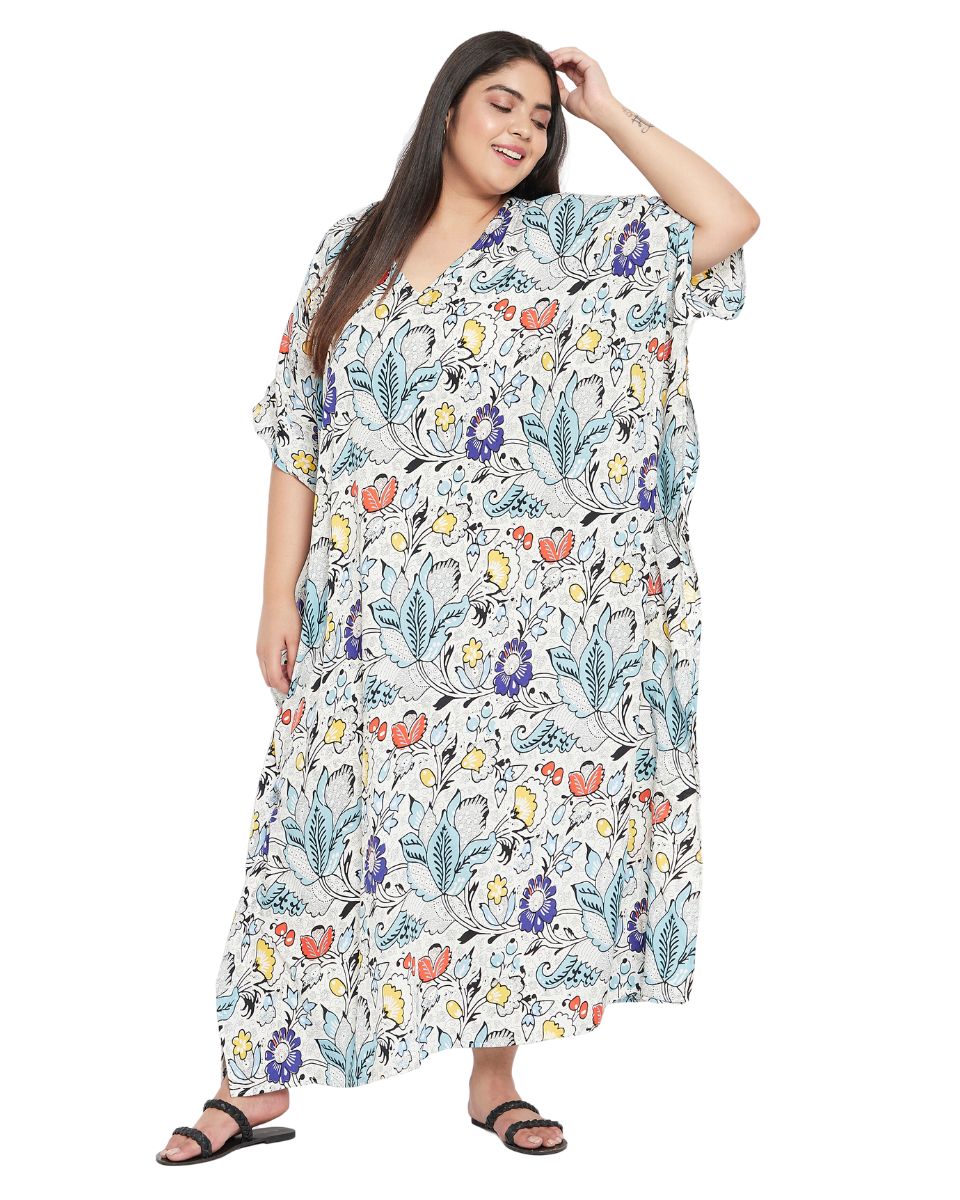 Floral Printed Off-White Polyester Plus Size Kaftan Dress For Women