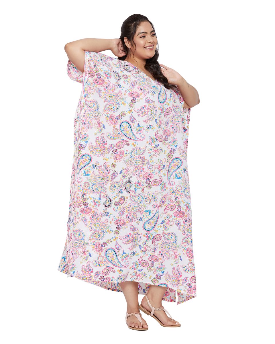 Paisley Printed Pink Polyester Plus Size Kaftan Dress For Women