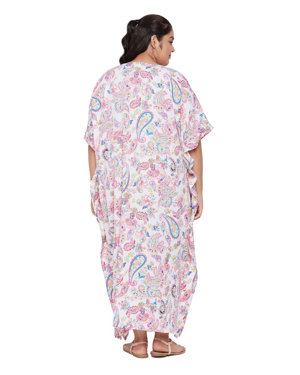 Paisley Printed Pink Polyester Plus Size Kaftan Dress For Women
