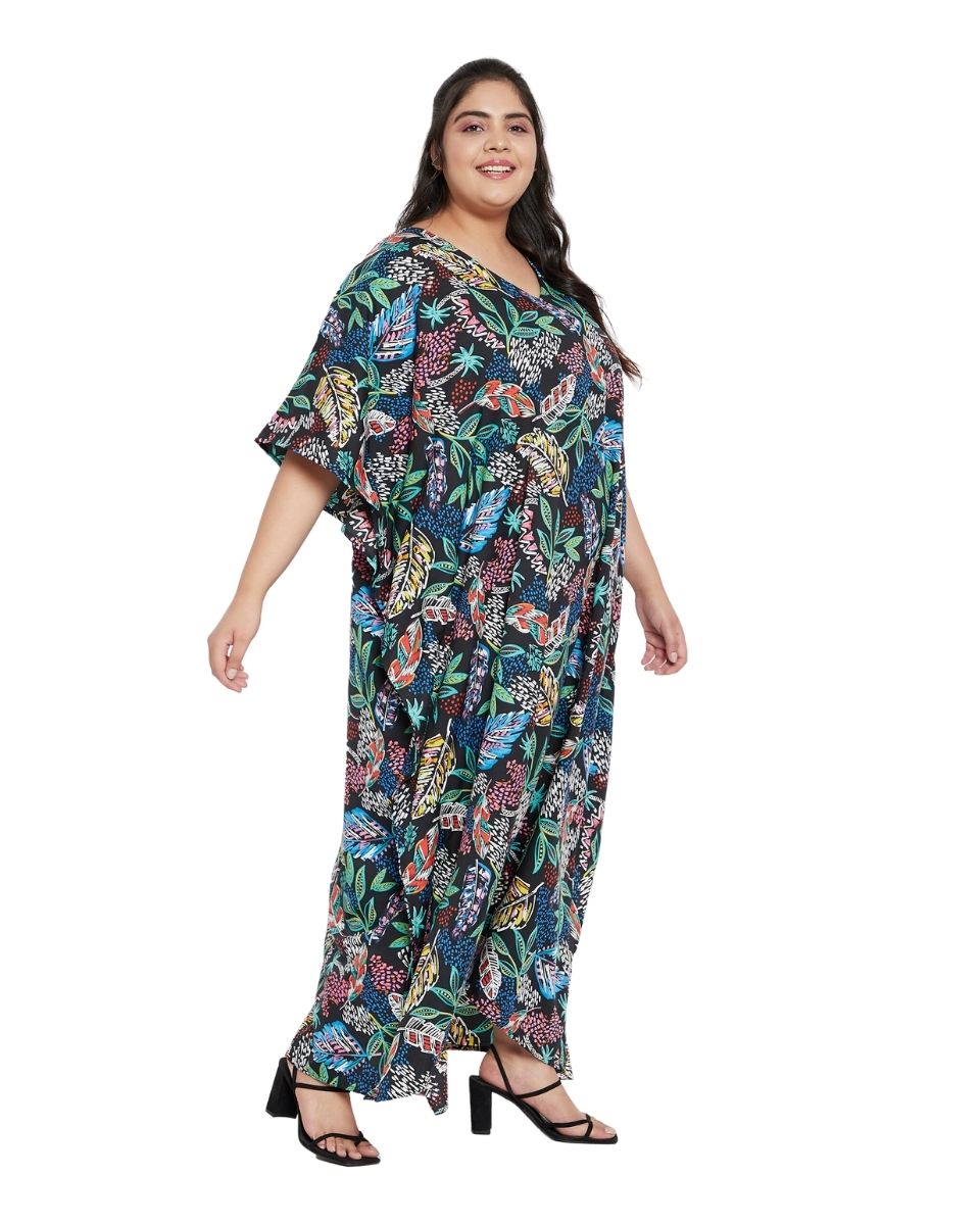 Leaf Black Polyester Women Plus Size Kaftan Loungewear Dress