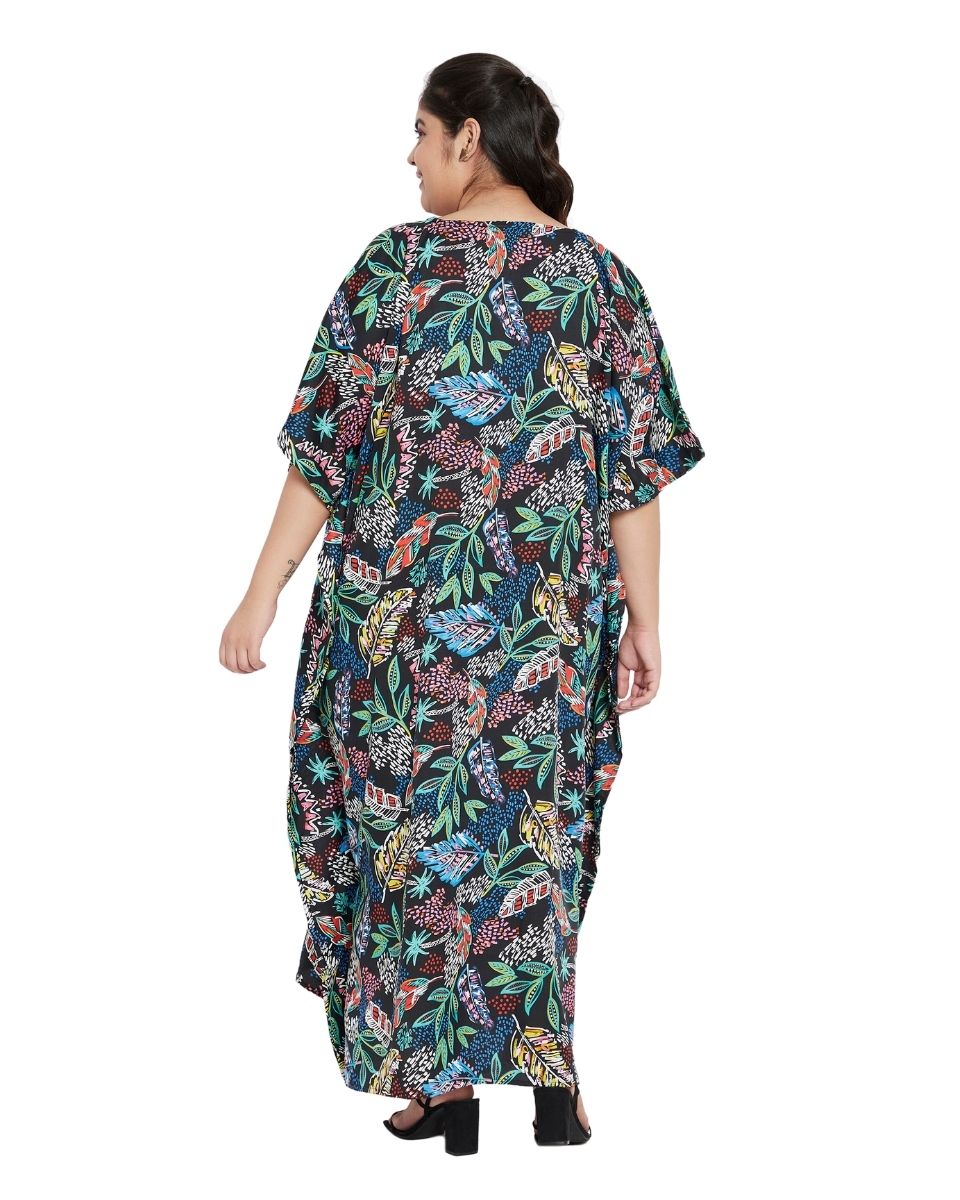 Leaf Black Polyester Women Plus Size Kaftan Loungewear Dress