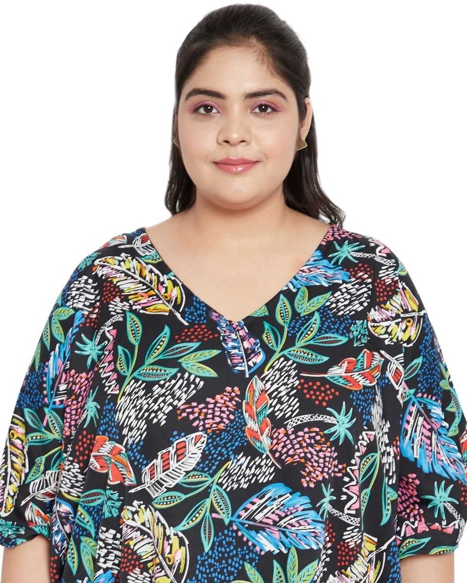 Leaf Black Polyester Women Plus Size Kaftan Loungewear Dress