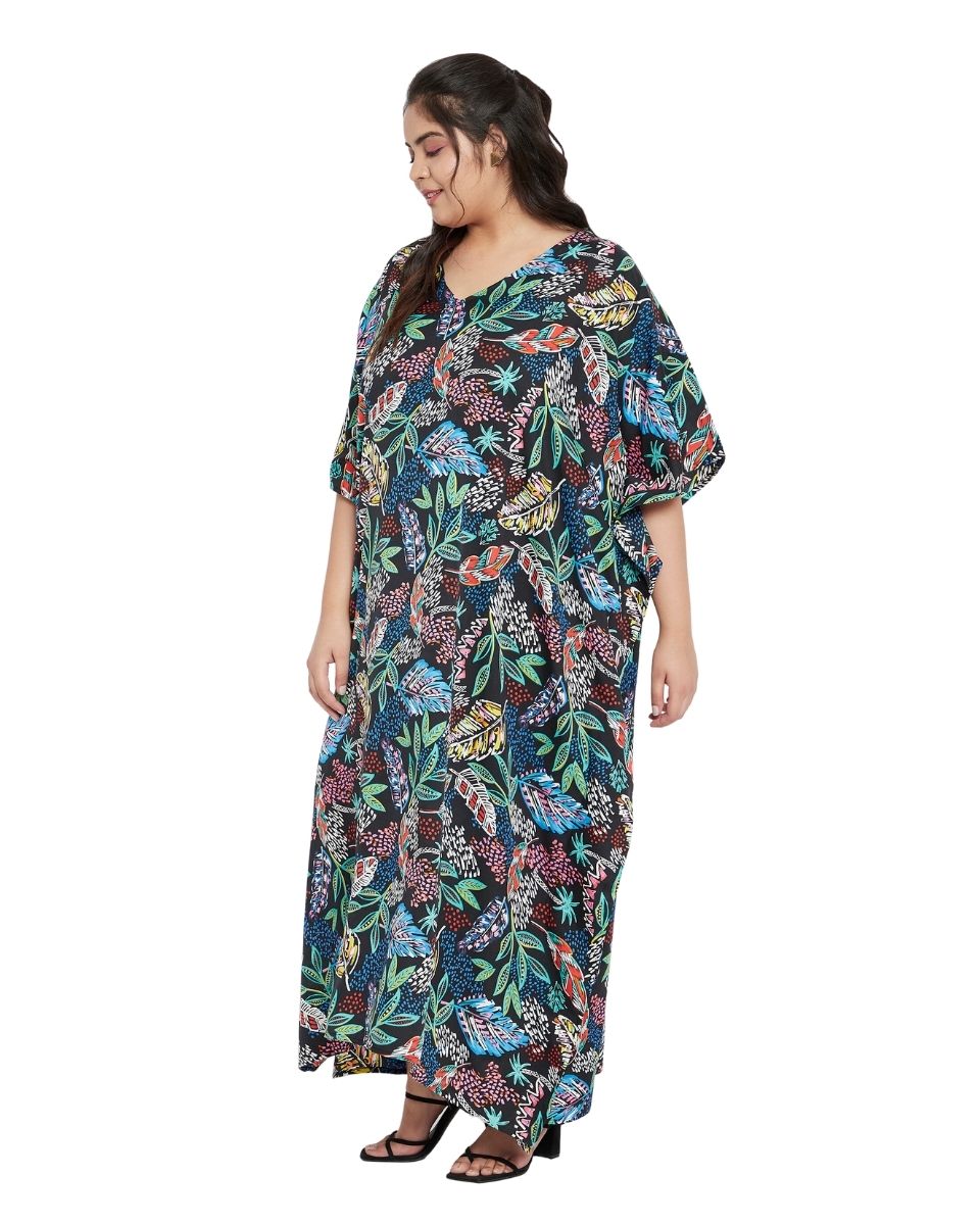 Leaf Black Polyester Women Plus Size Kaftan Loungewear Dress
