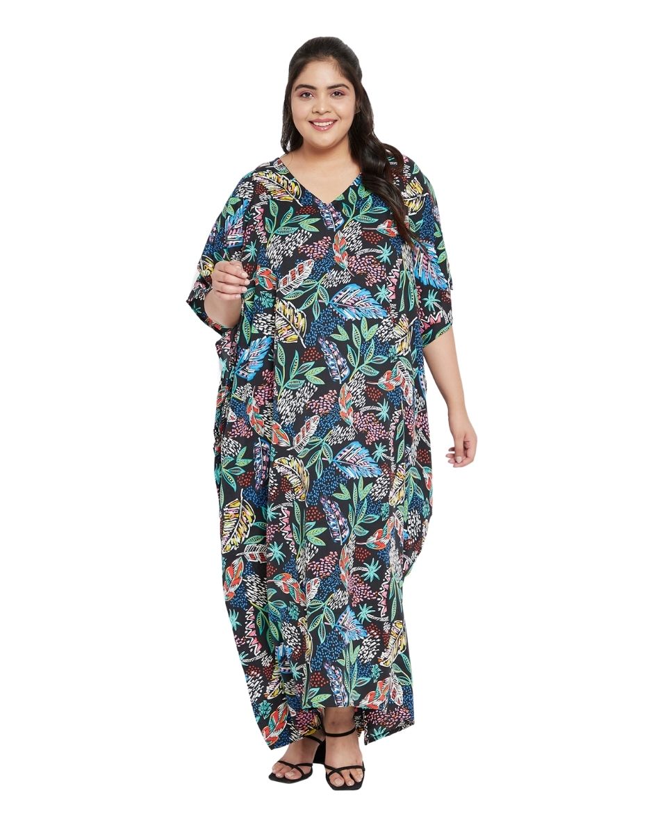 Leaf Black Polyester Women Plus Size Kaftan Loungewear Dress