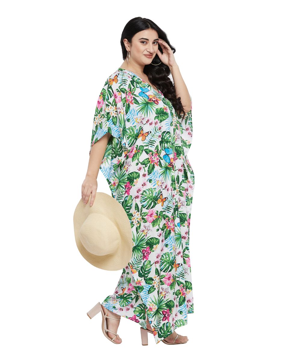 Leaf Printed Green Polyester Kaftan Plus Size Dress For Women