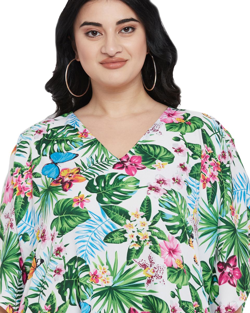 Leaf Printed Green Polyester Kaftan Plus Size Dress For Women