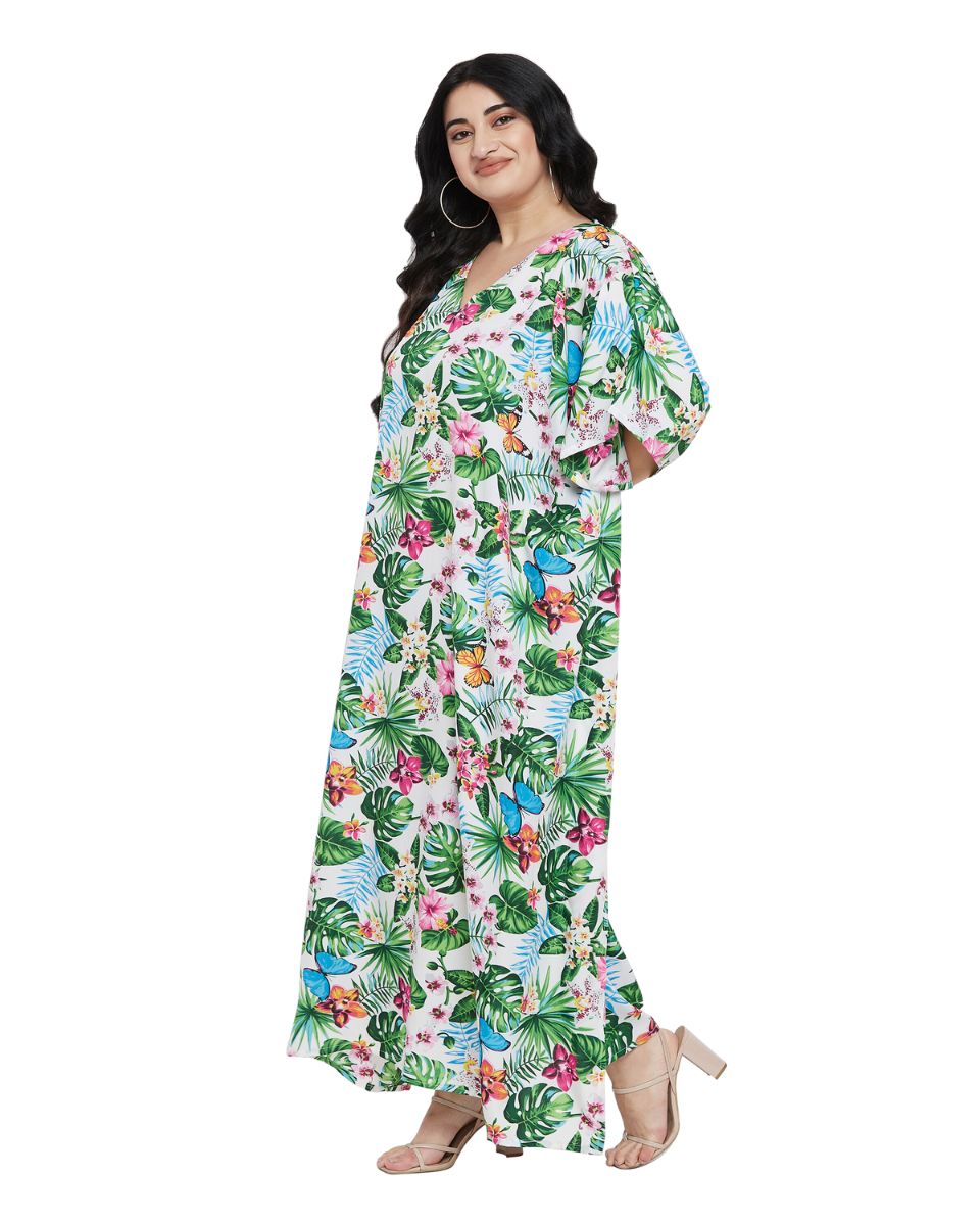 Leaf Printed Green Polyester Kaftan Plus Size Dress For Women