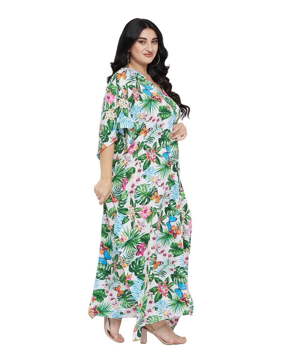Leaf Printed Green Polyester Kaftan Plus Size Dress For Women