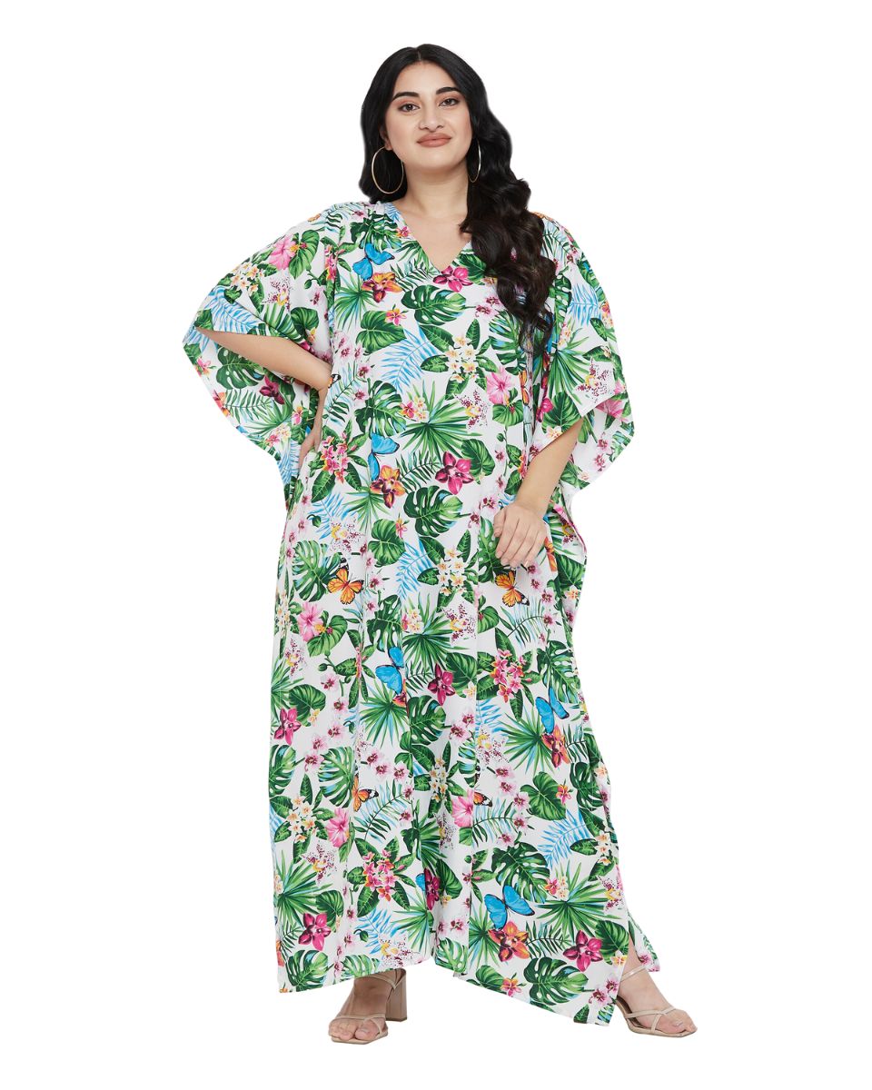 Leaf Printed Green Polyester Kaftan Plus Size Dress For Women