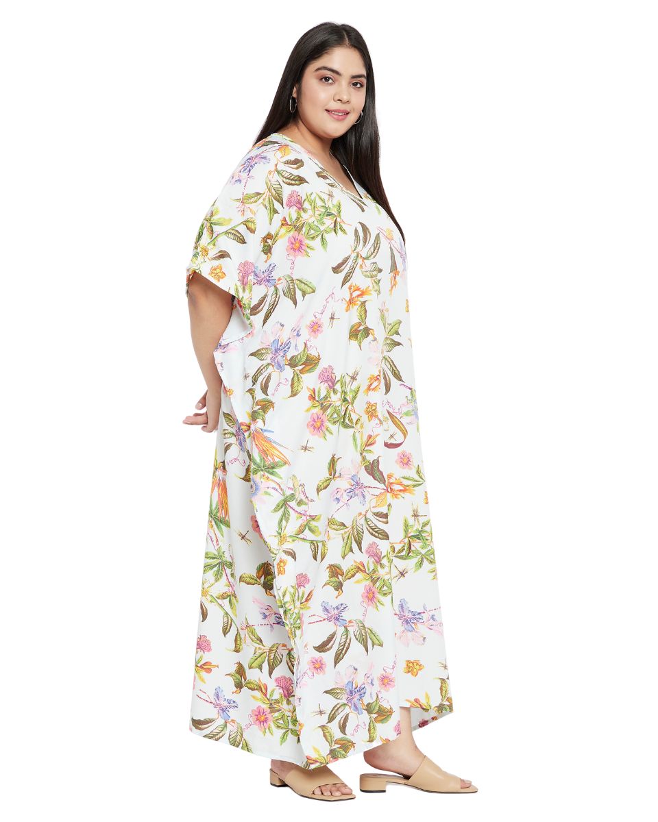 Floral Printed White Polyester Plus Size Kaftan Dress For Women