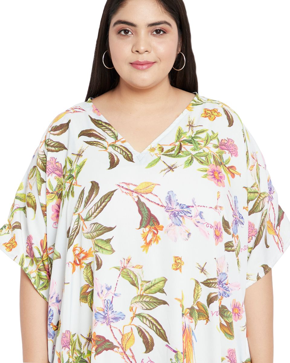 Floral Printed White Polyester Plus Size Kaftan Dress For Women