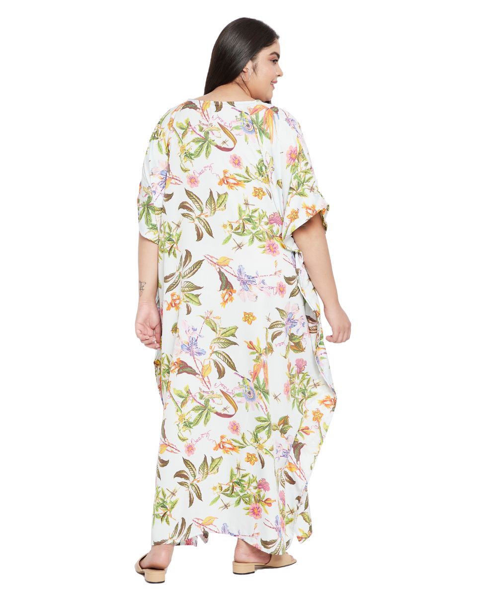 Floral Printed White Polyester Plus Size Kaftan Dress For Women