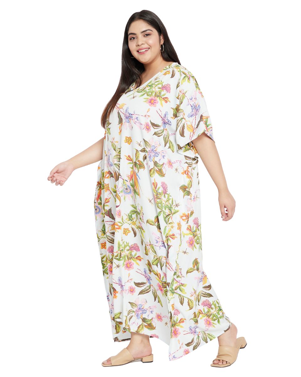 Floral Printed White Polyester Plus Size Kaftan Dress For Women