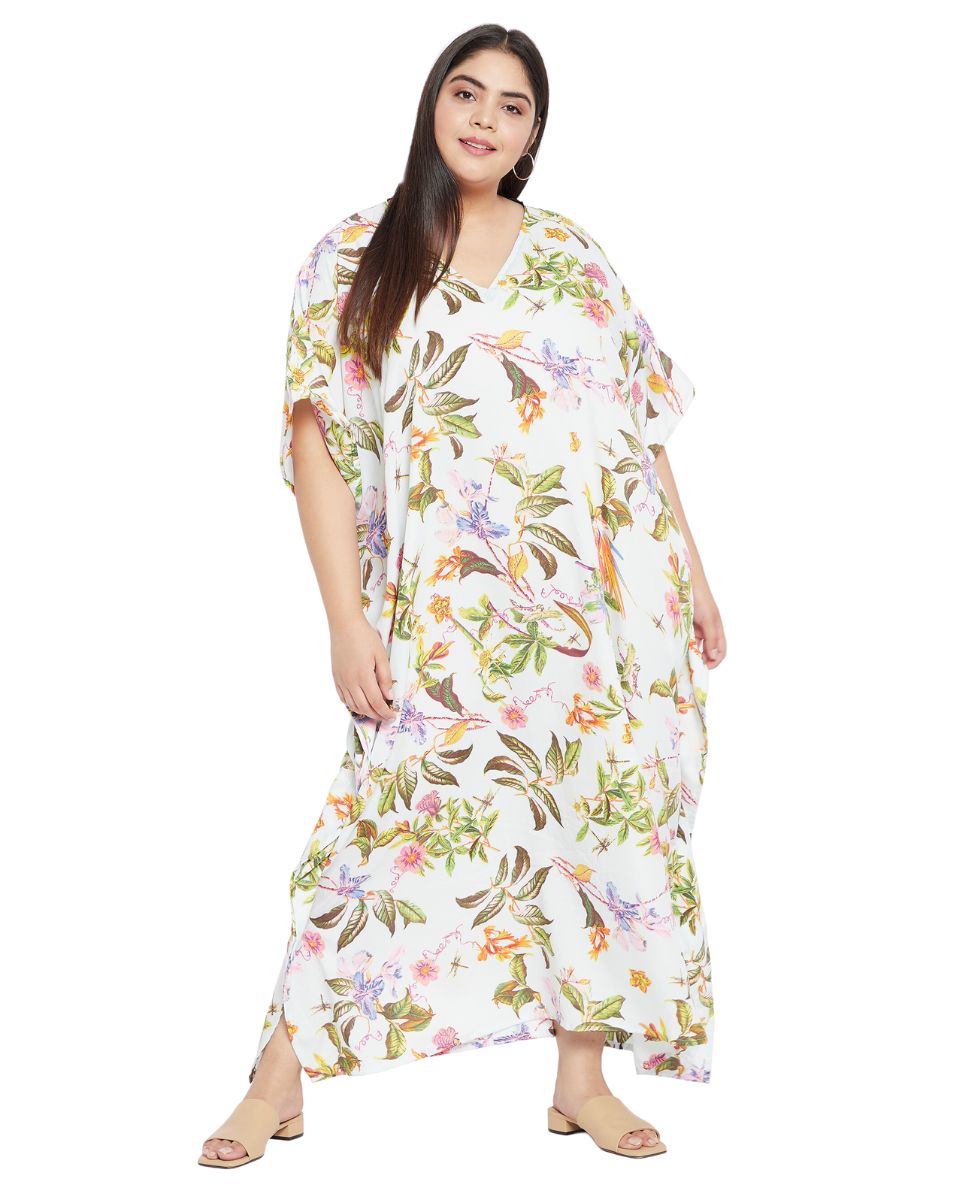 Floral Printed White Polyester Plus Size Kaftan Dress For Women