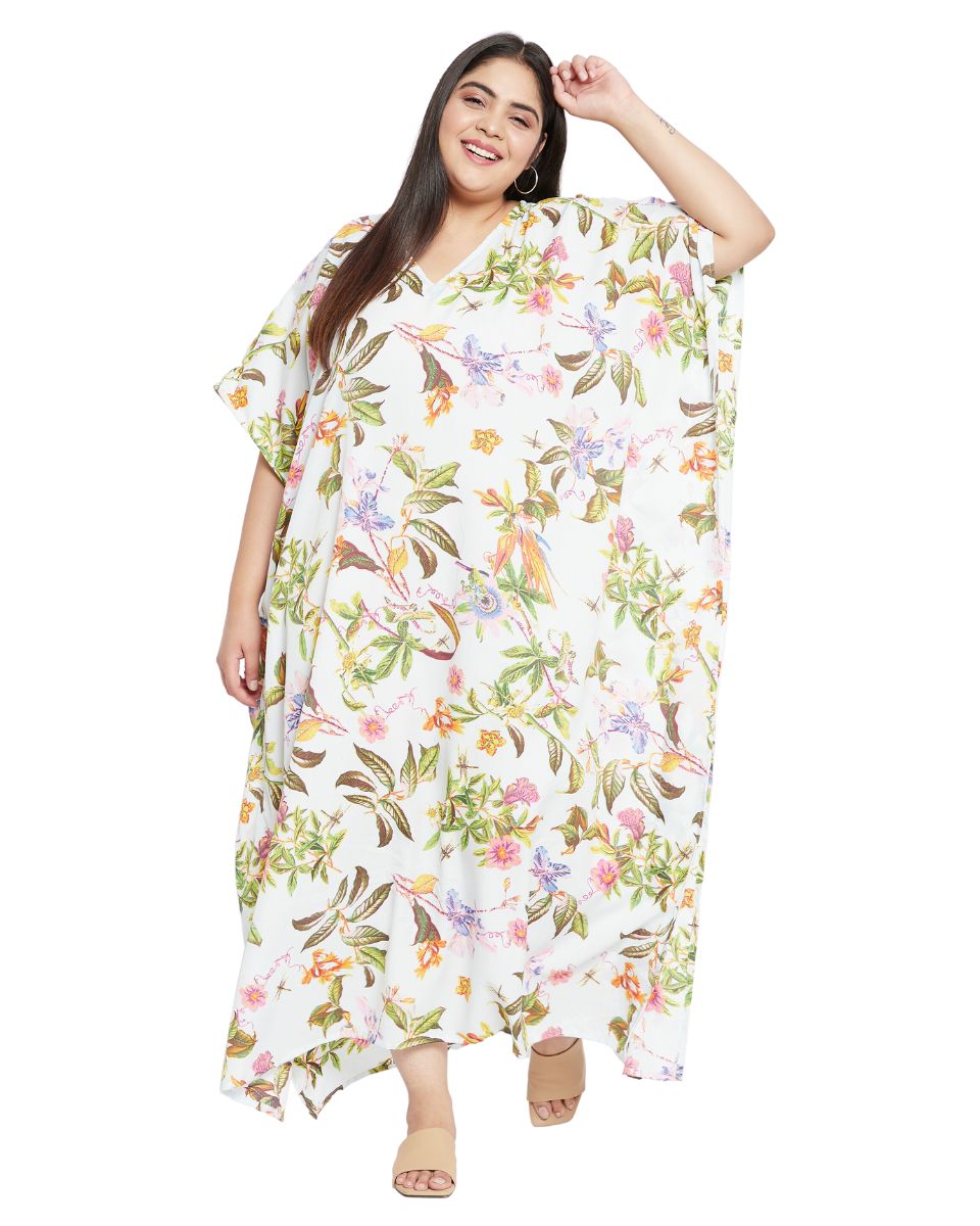 Floral Printed White Polyester Plus Size Kaftan Dress For Women