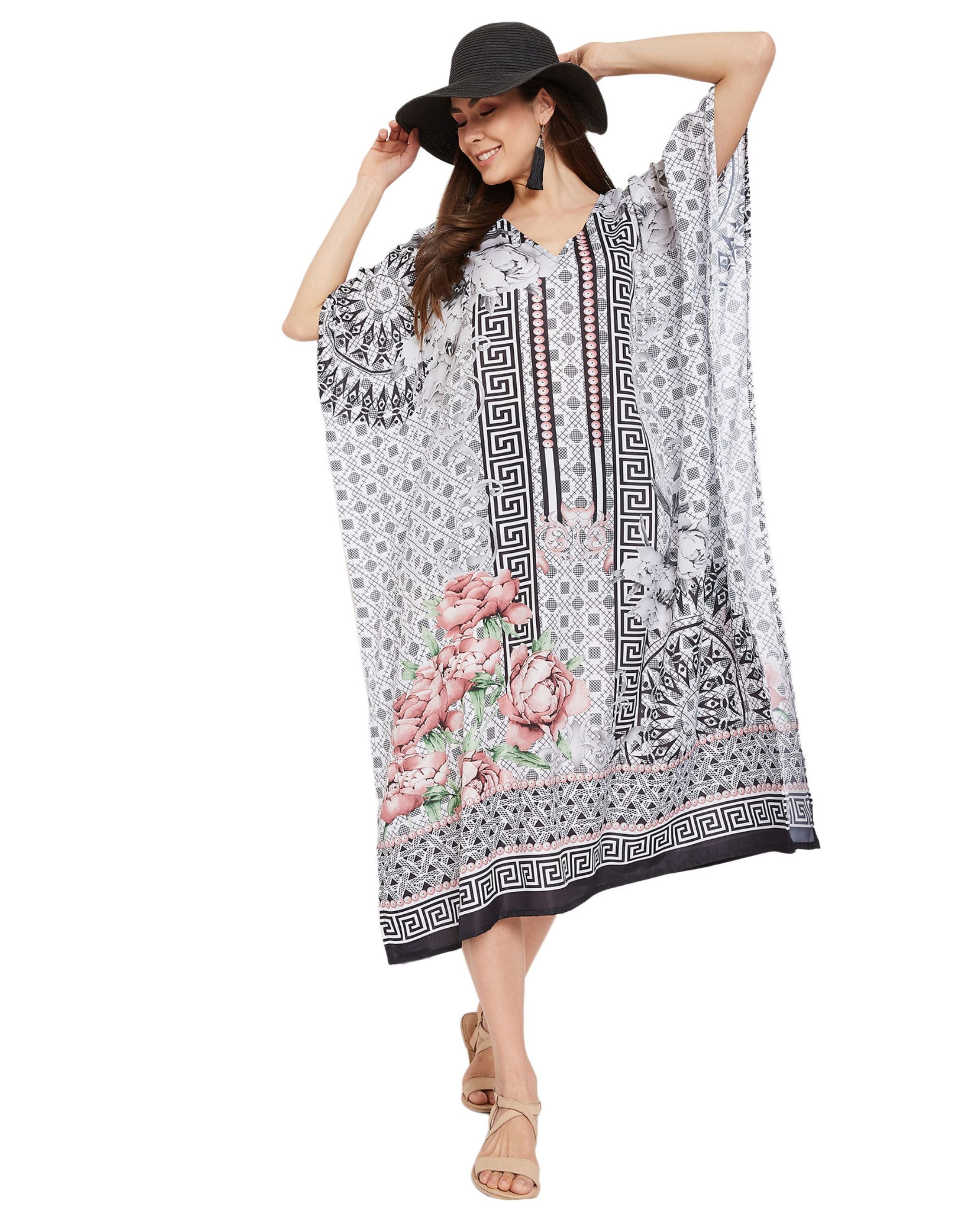 Floral Printed Black Plus Size Polyester Kaftan Dress For Women