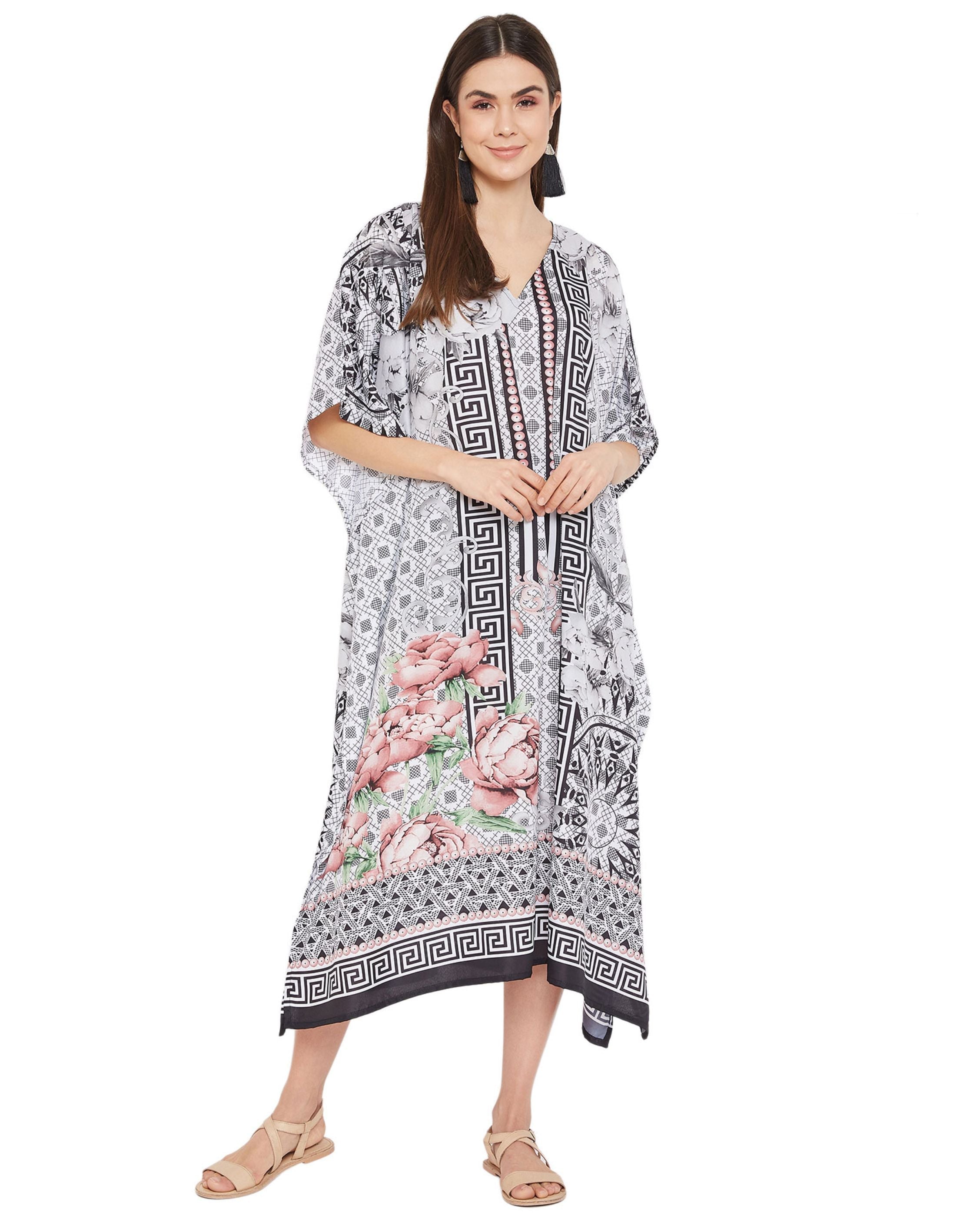 Floral Printed Black Plus Size Polyester Kaftan Dress For Women