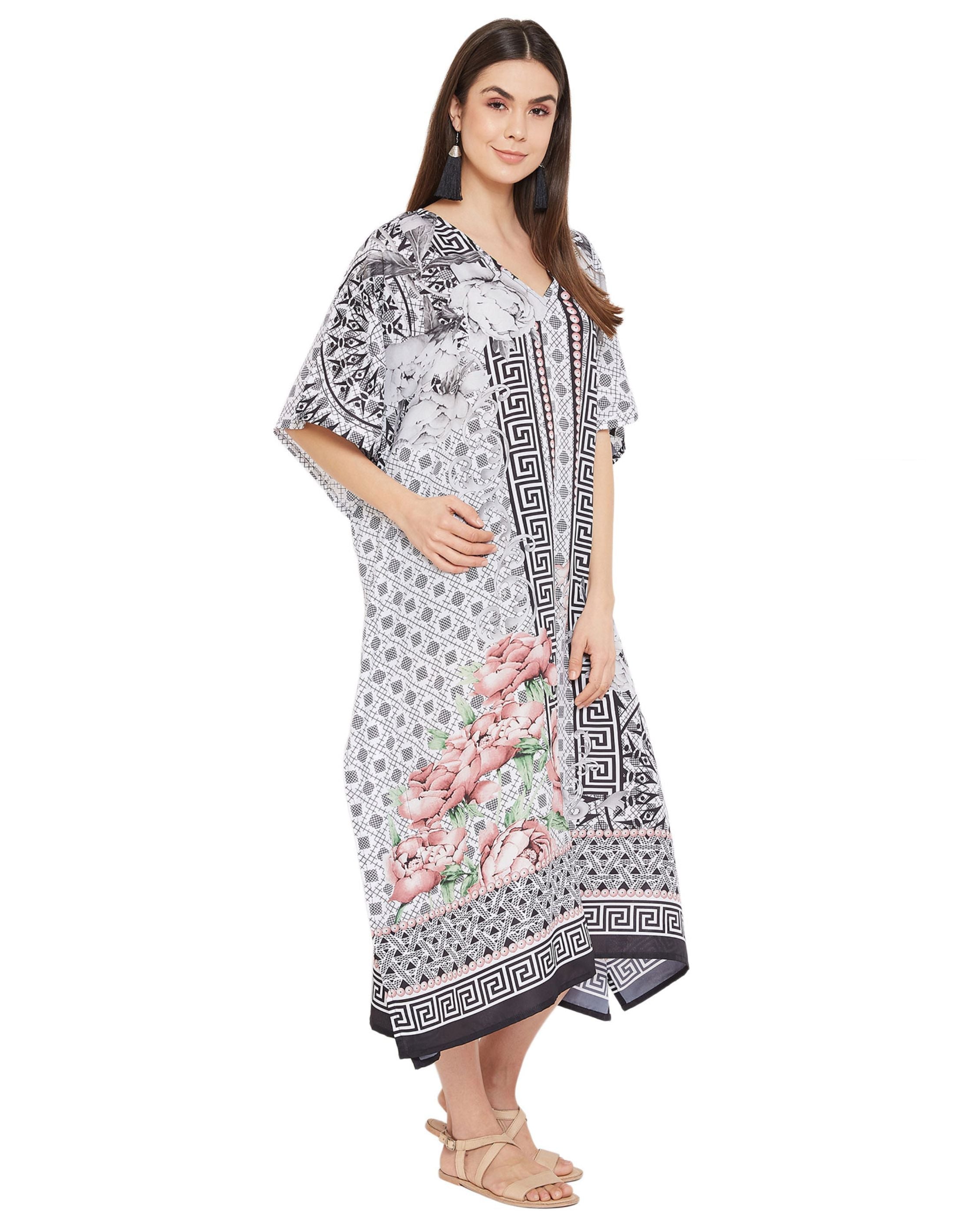 Floral Printed Black Plus Size Polyester Kaftan Dress For Women