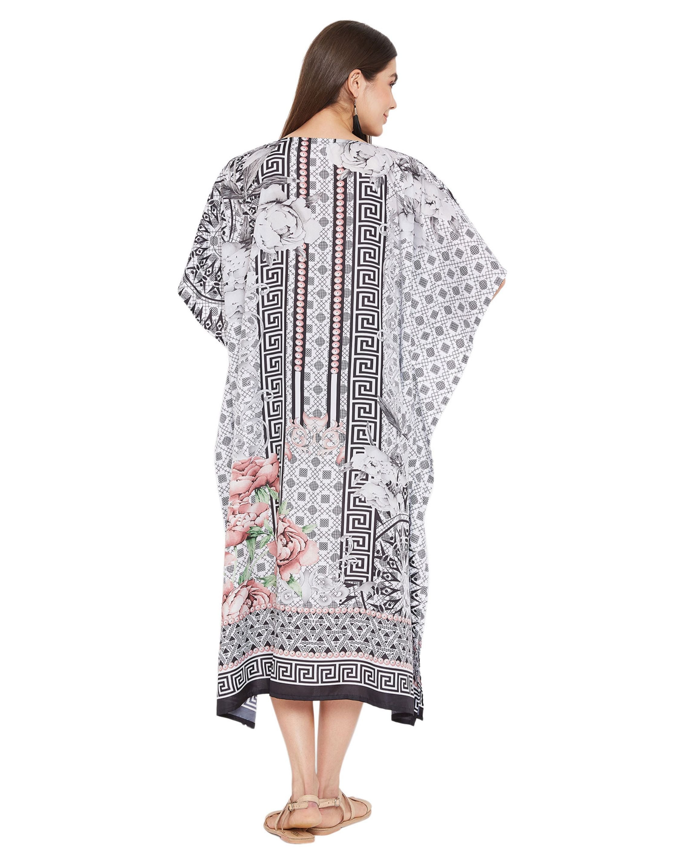 Floral Printed Black Plus Size Polyester Kaftan Dress For Women