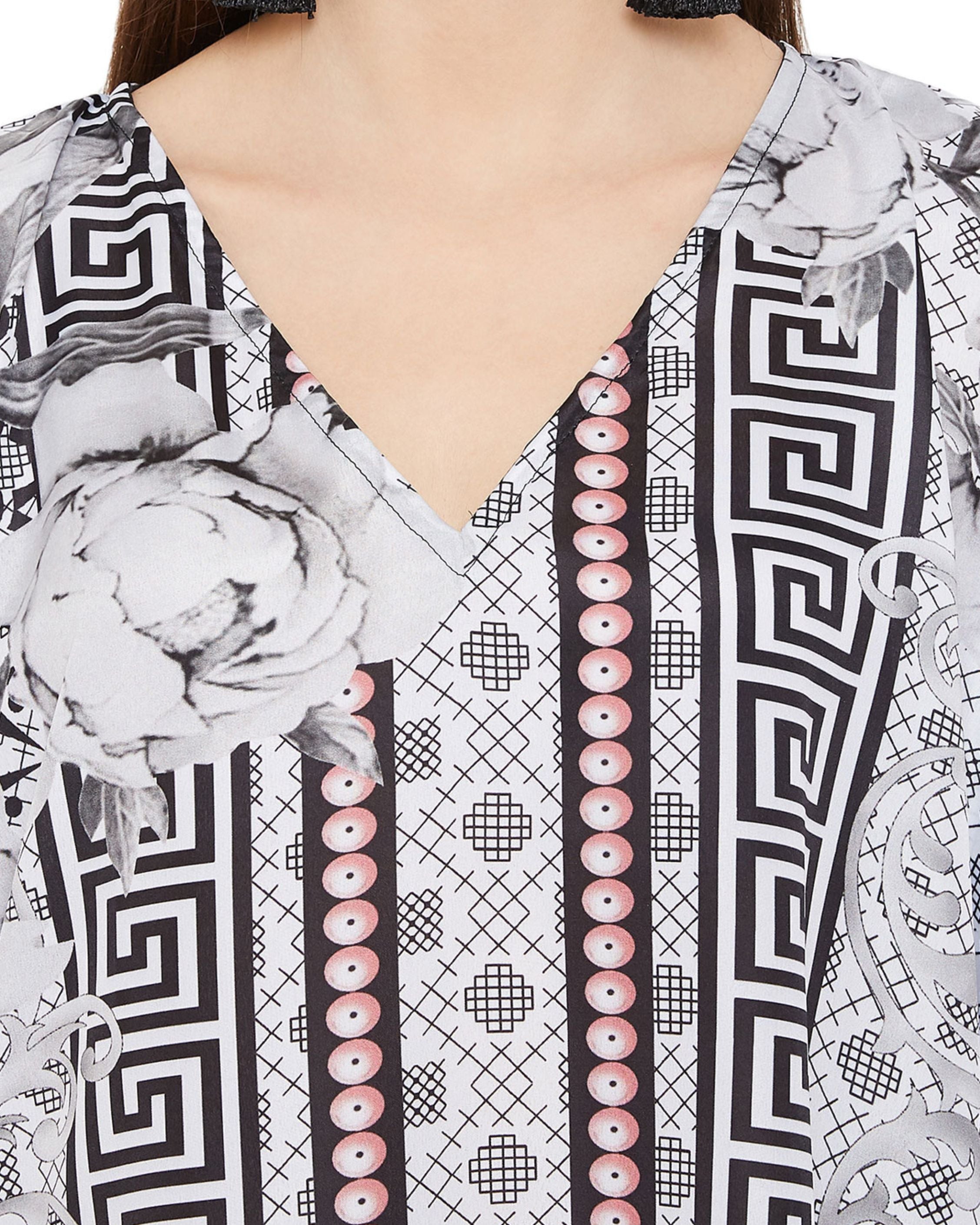 Floral Printed Black Plus Size Polyester Kaftan Dress For Women