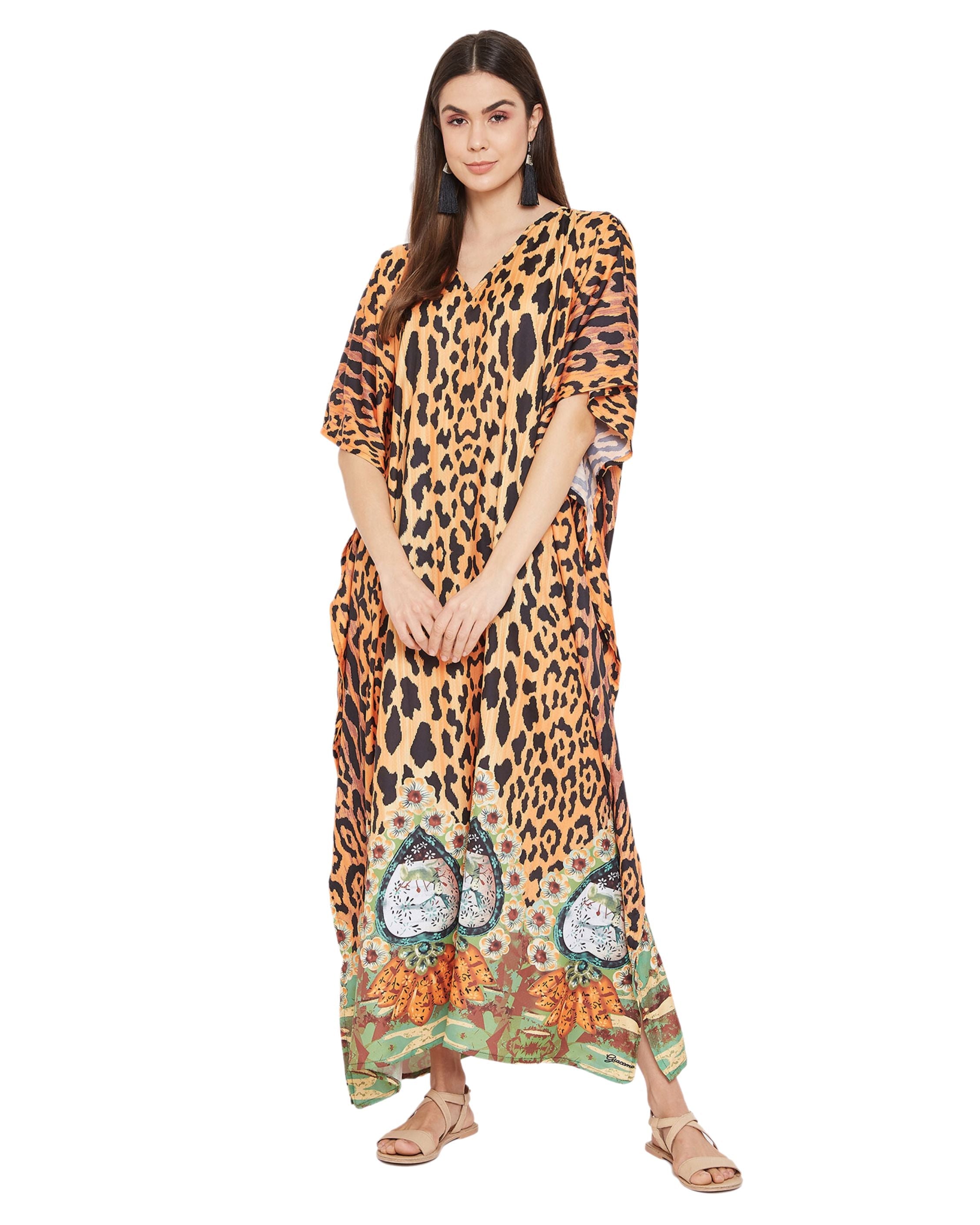 Animal Printed Bronze Polyester Kaftan Dress For plus size Women