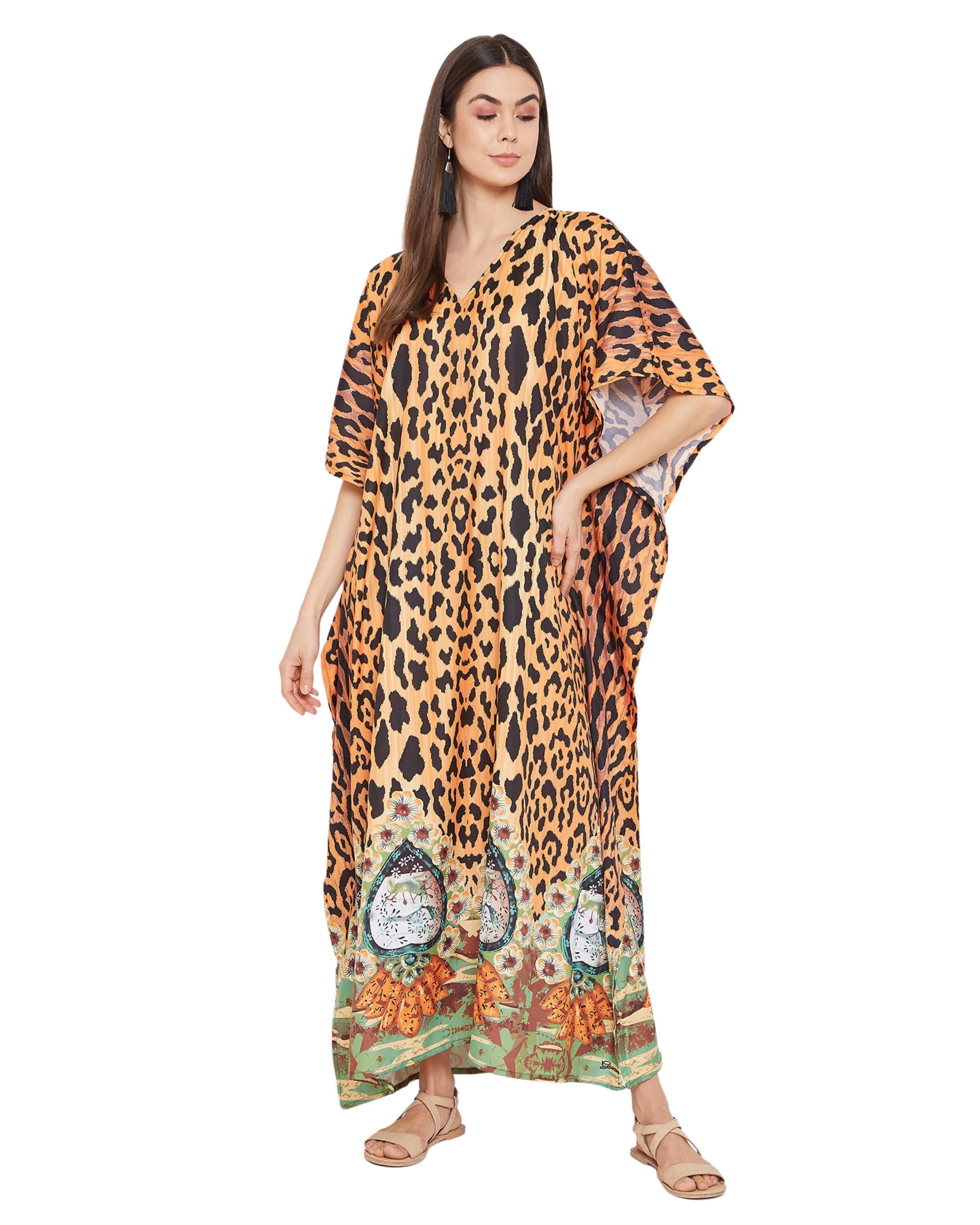 Animal Printed Bronze Polyester Kaftan Dress For plus size Women