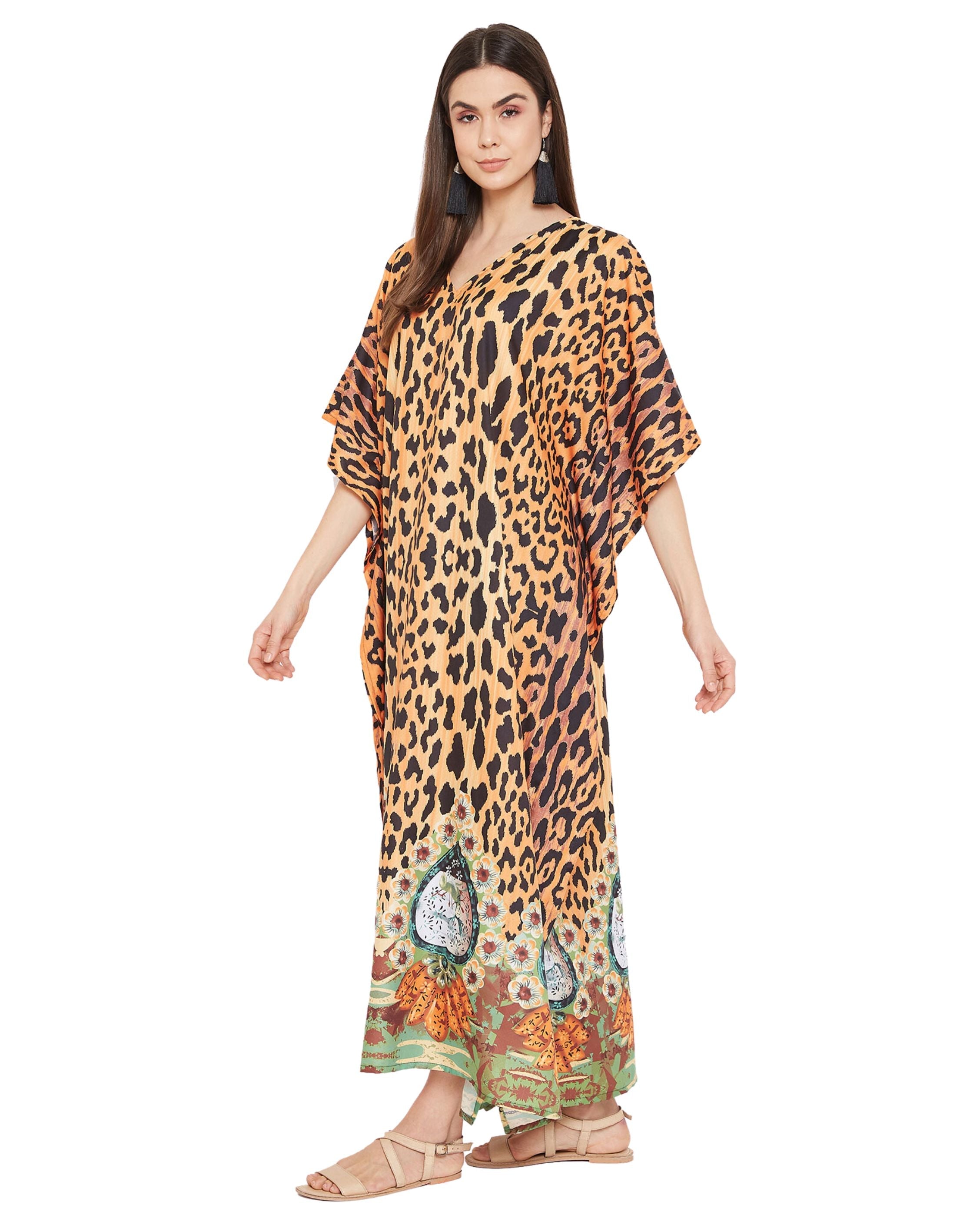 Animal Printed Bronze Polyester Kaftan Dress For plus size Women