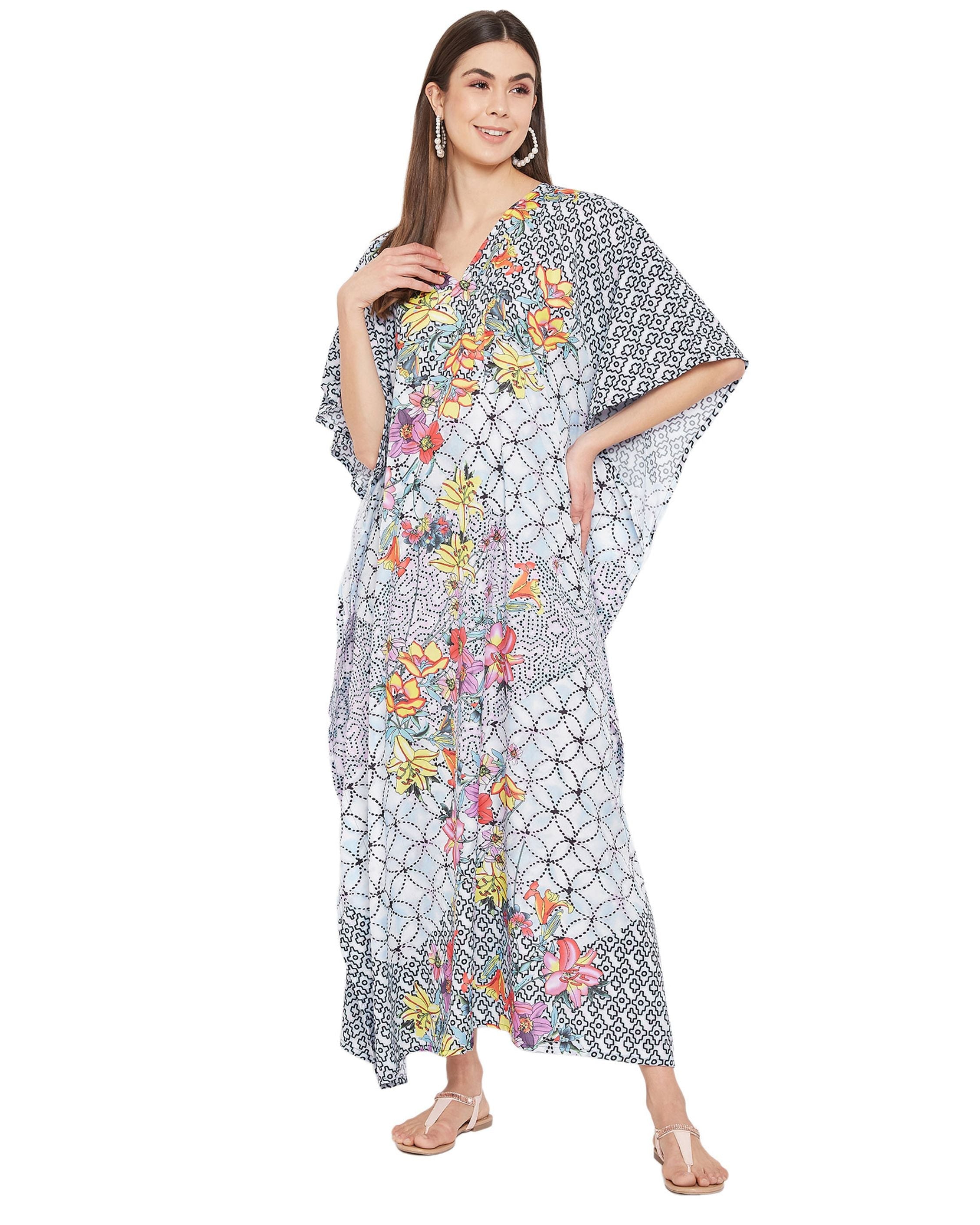 Floral Printed Plus Size Black Polyester Kaftan Dress For Women