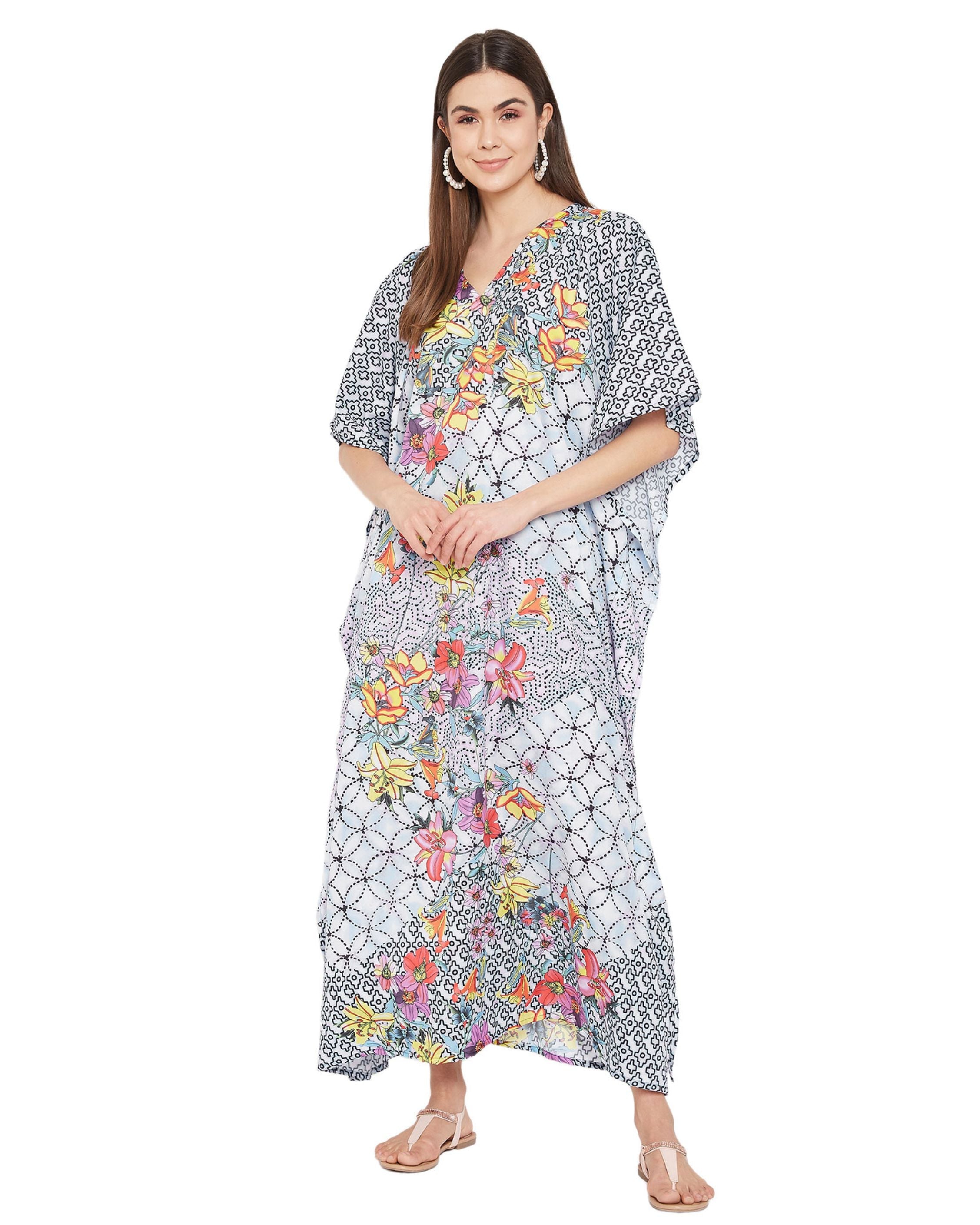 Floral Printed Plus Size Black Polyester Kaftan Dress For Women