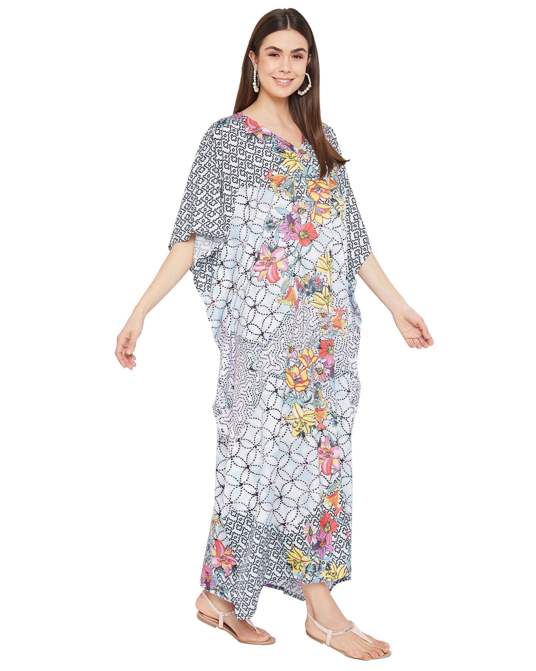 Floral Printed Plus Size Black Polyester Kaftan Dress For Women