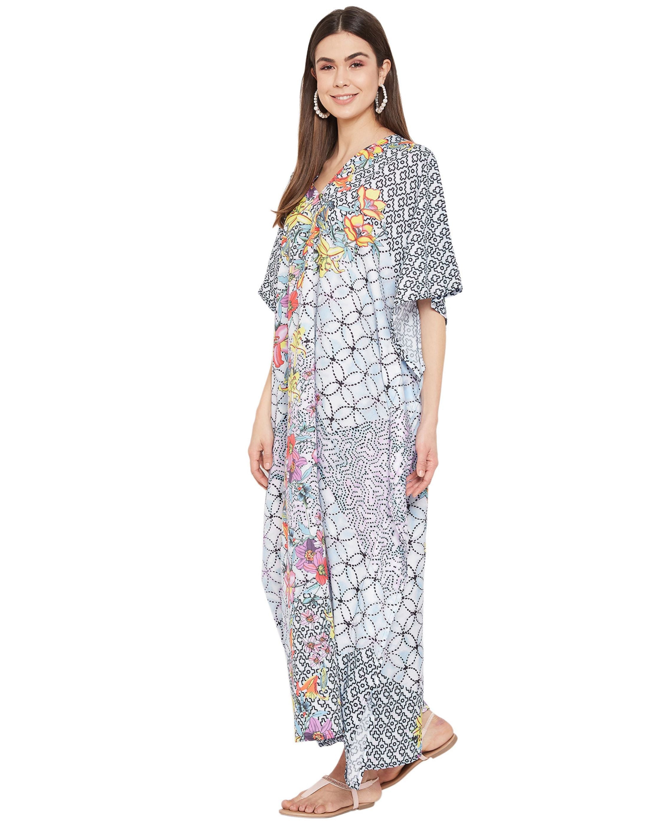 Floral Printed Plus Size Black Polyester Kaftan Dress For Women