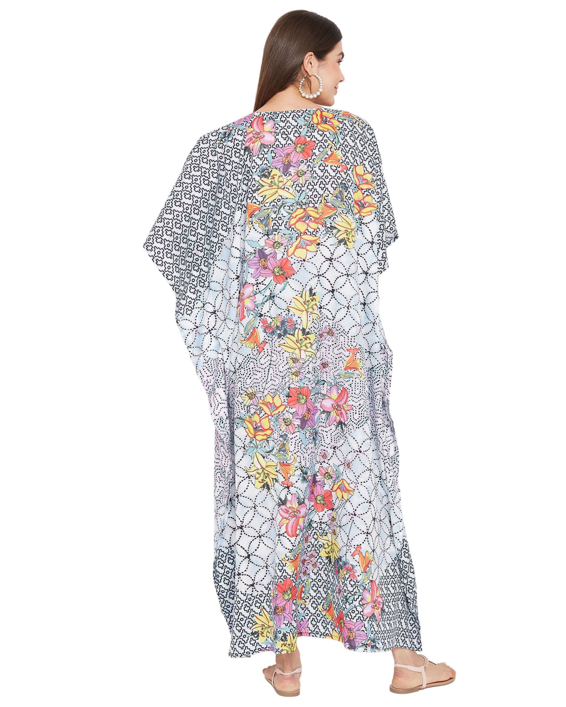 Floral Printed Plus Size Black Polyester Kaftan Dress For Women