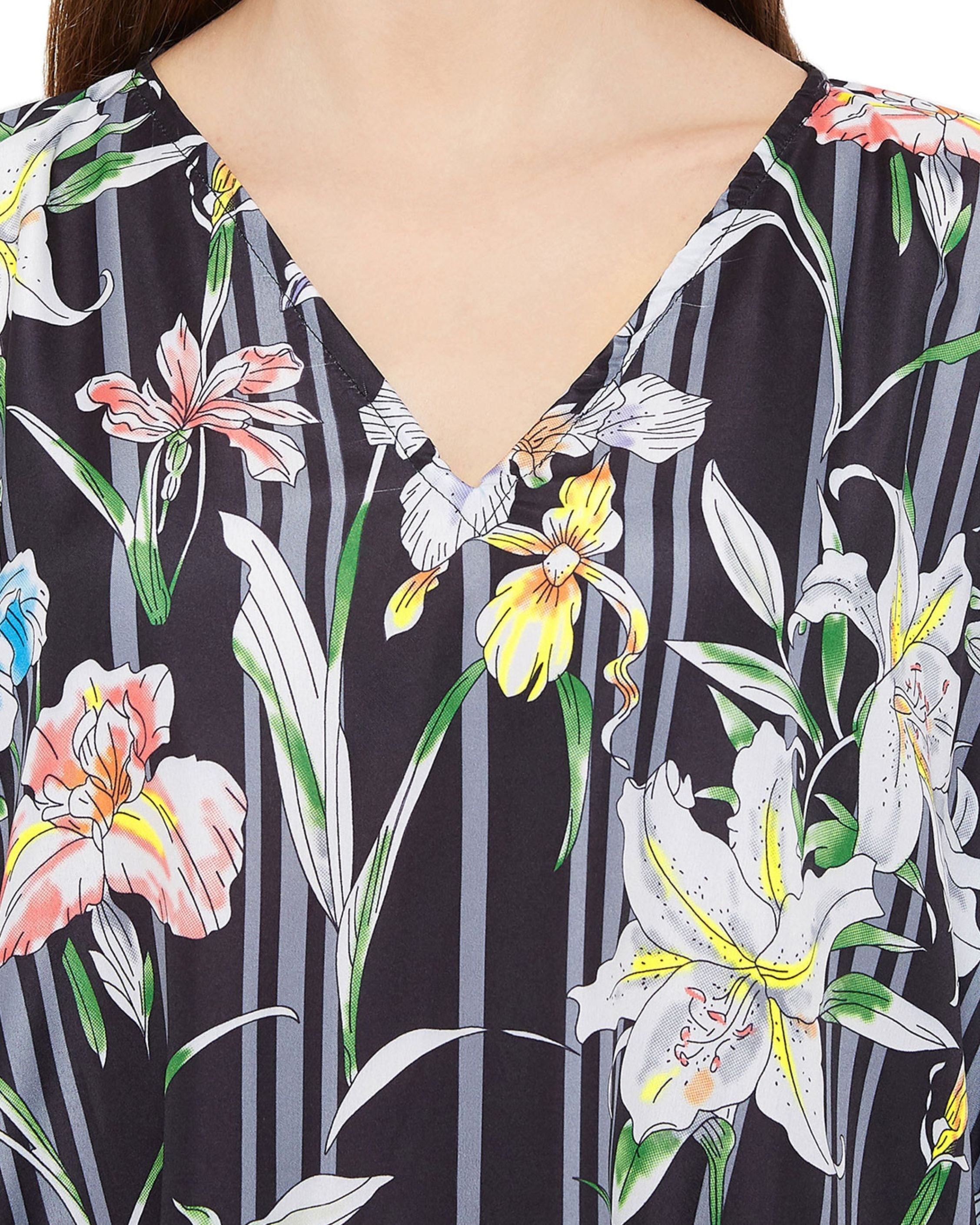 Floral Printed Black Polyester Plus Size Kaftan Dress For Women