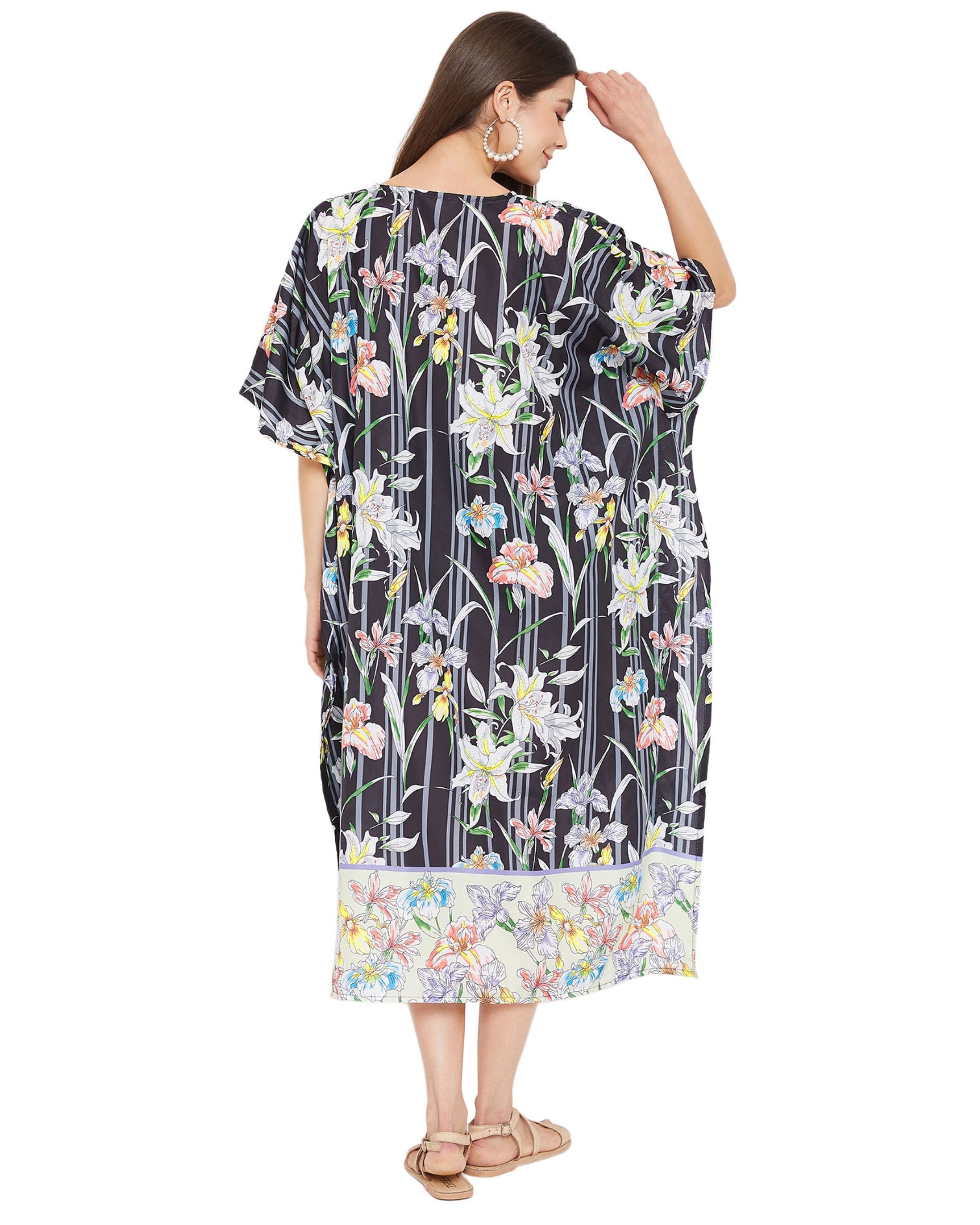 Floral Printed Black Polyester Plus Size Kaftan Dress For Women