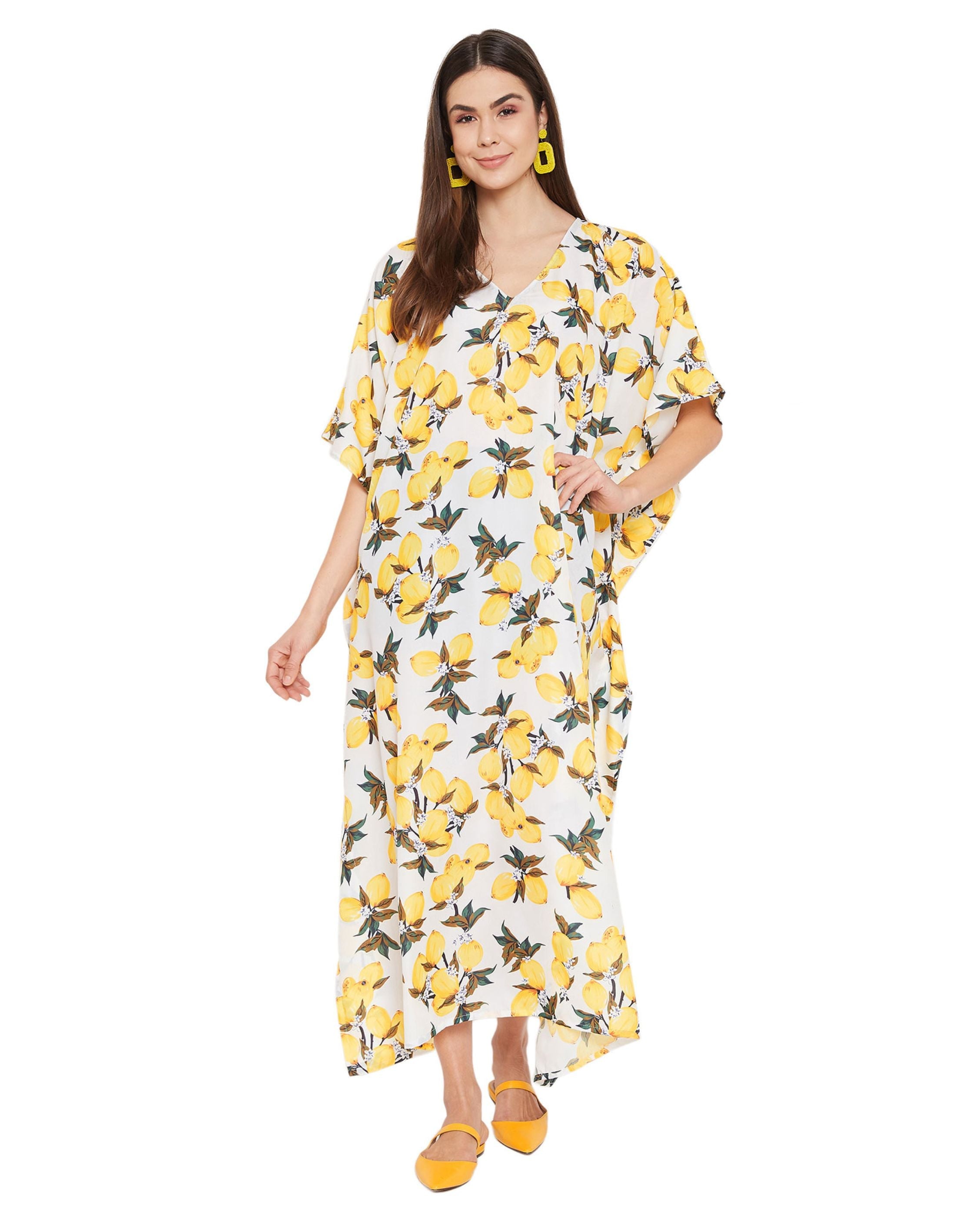 Floral Printed Yellow Polyester Kaftan Plus Size Dress For Women