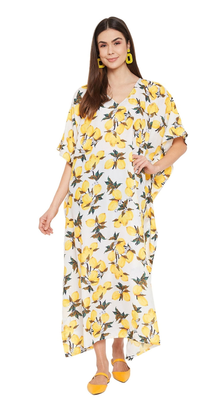 White plus size kaftan with yellow lemon fruit print and V-neck
