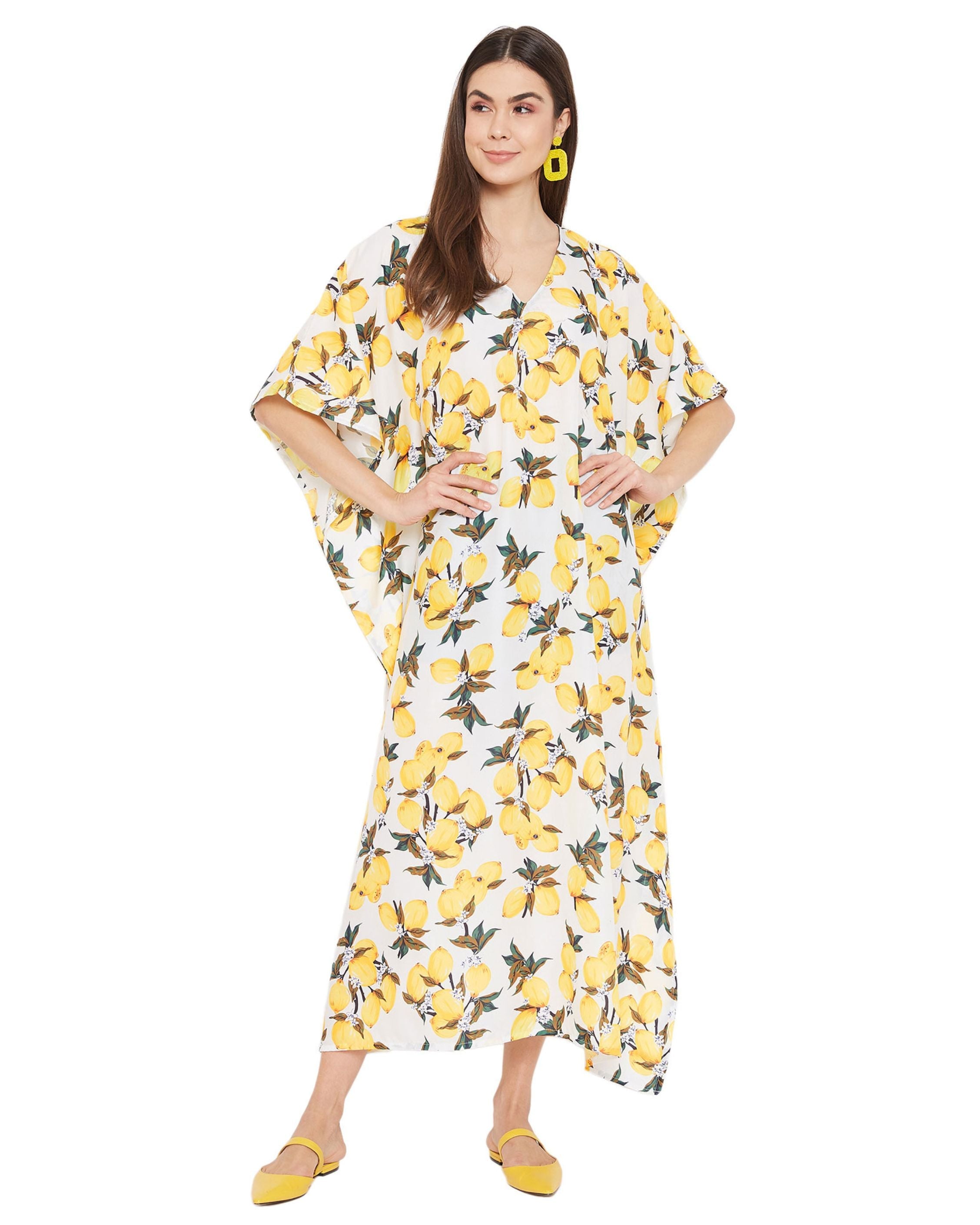 Floral Printed Yellow Polyester Kaftan Plus Size Dress For Women