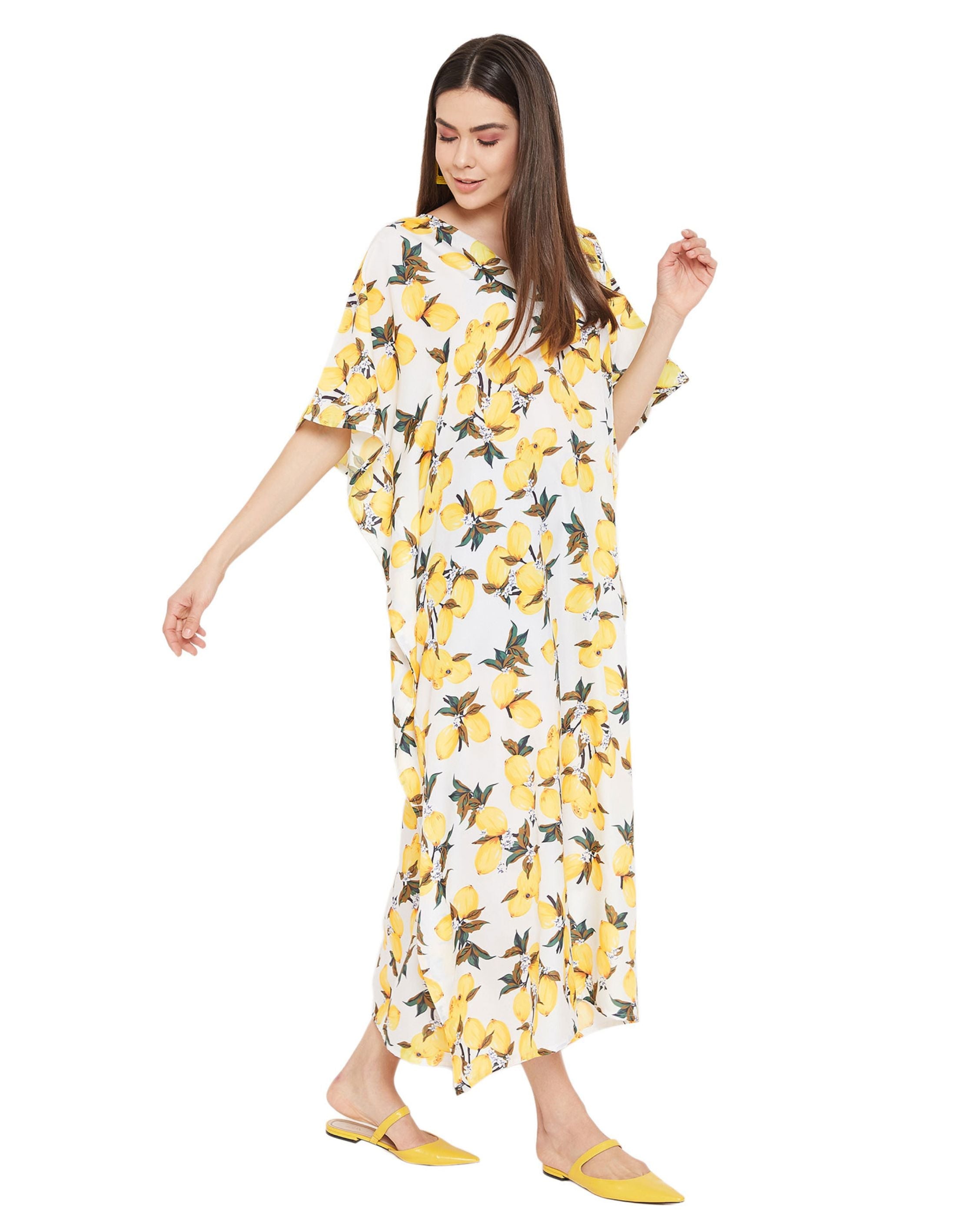 Floral Printed Yellow Polyester Kaftan Plus Size Dress For Women