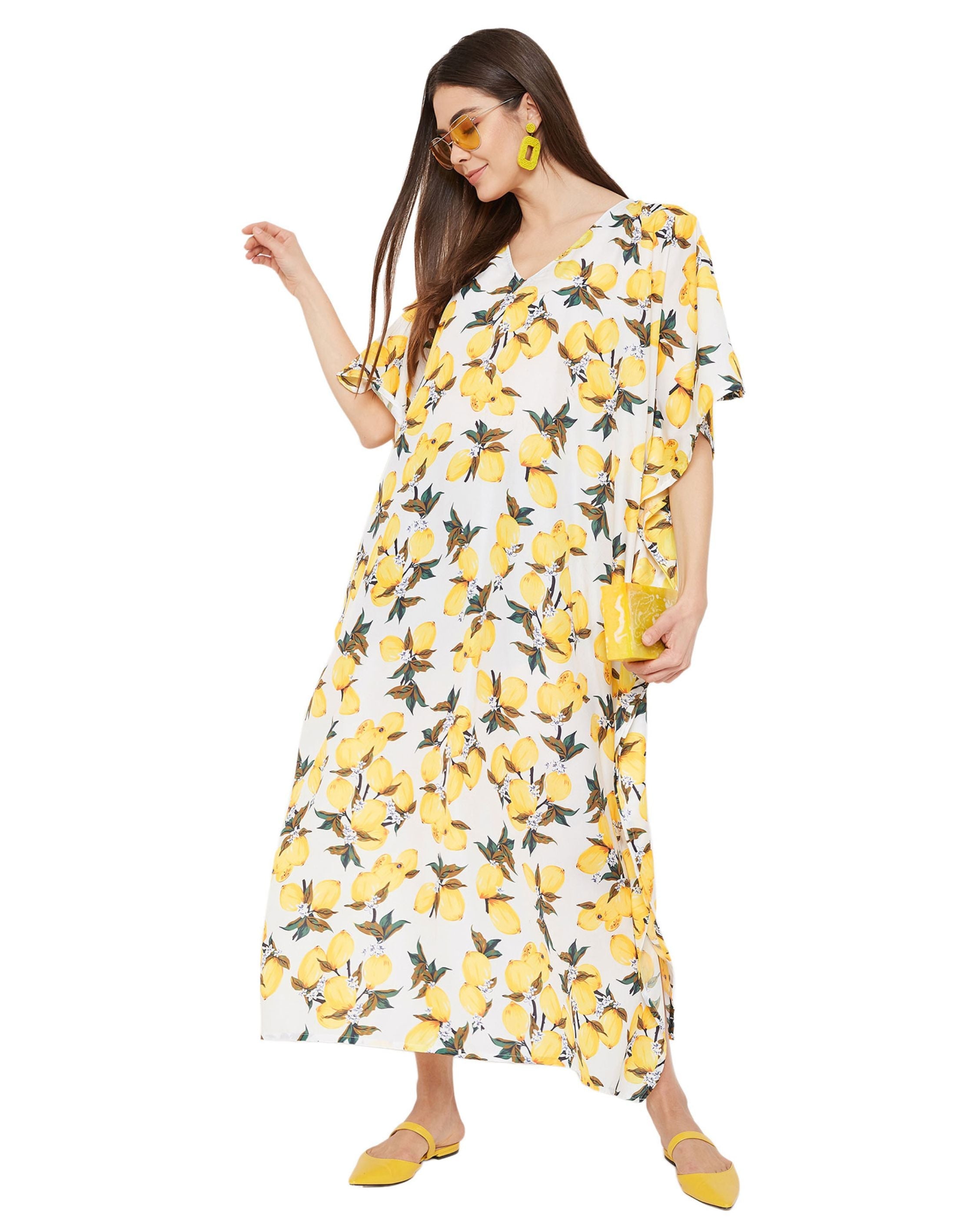 Floral Printed Yellow Polyester Kaftan Plus Size Dress For Women