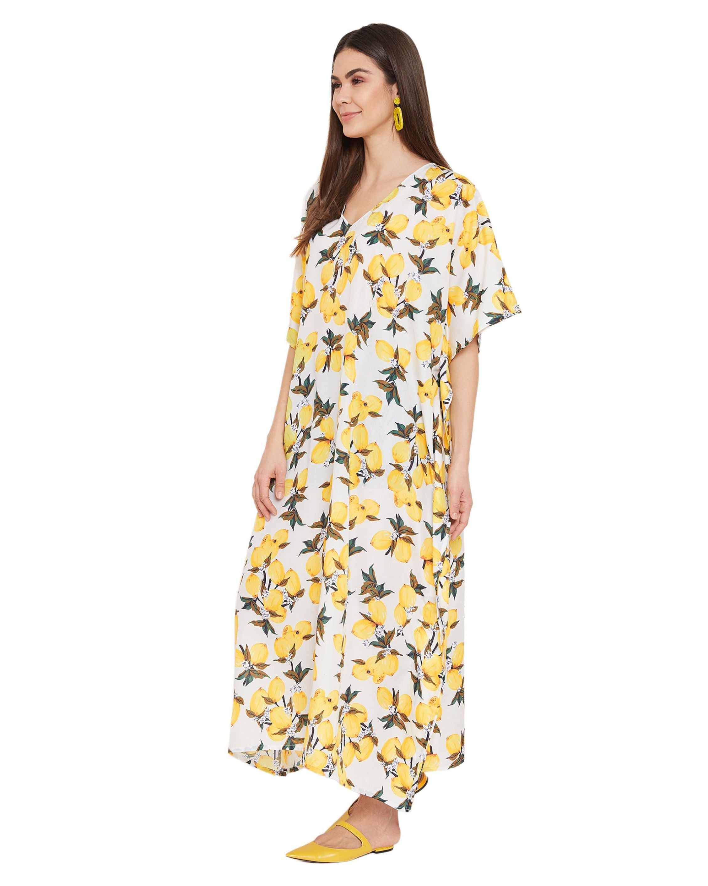 Floral Printed Yellow Polyester Kaftan Plus Size Dress For Women