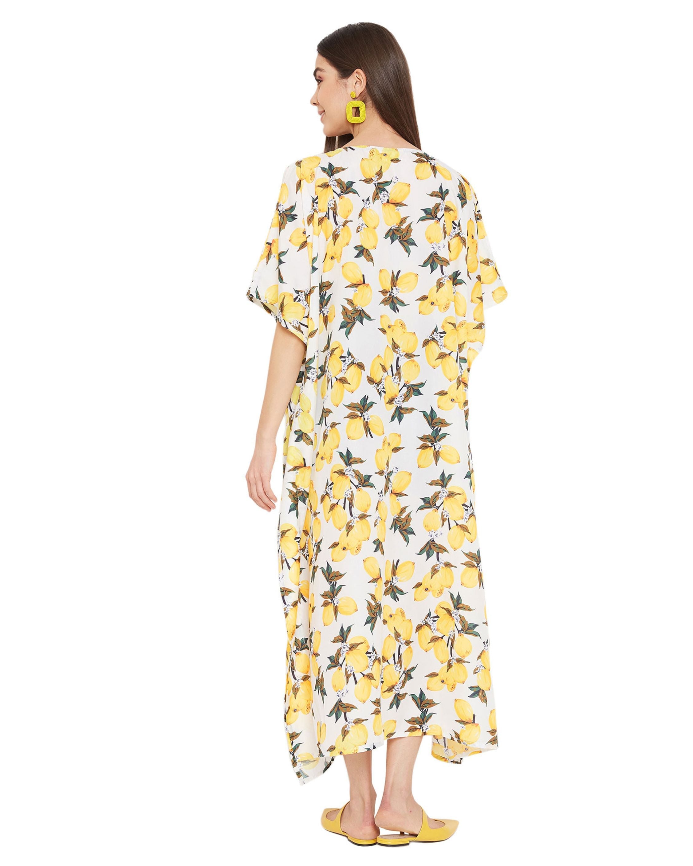 Floral Printed Yellow Polyester Kaftan Plus Size Dress For Women