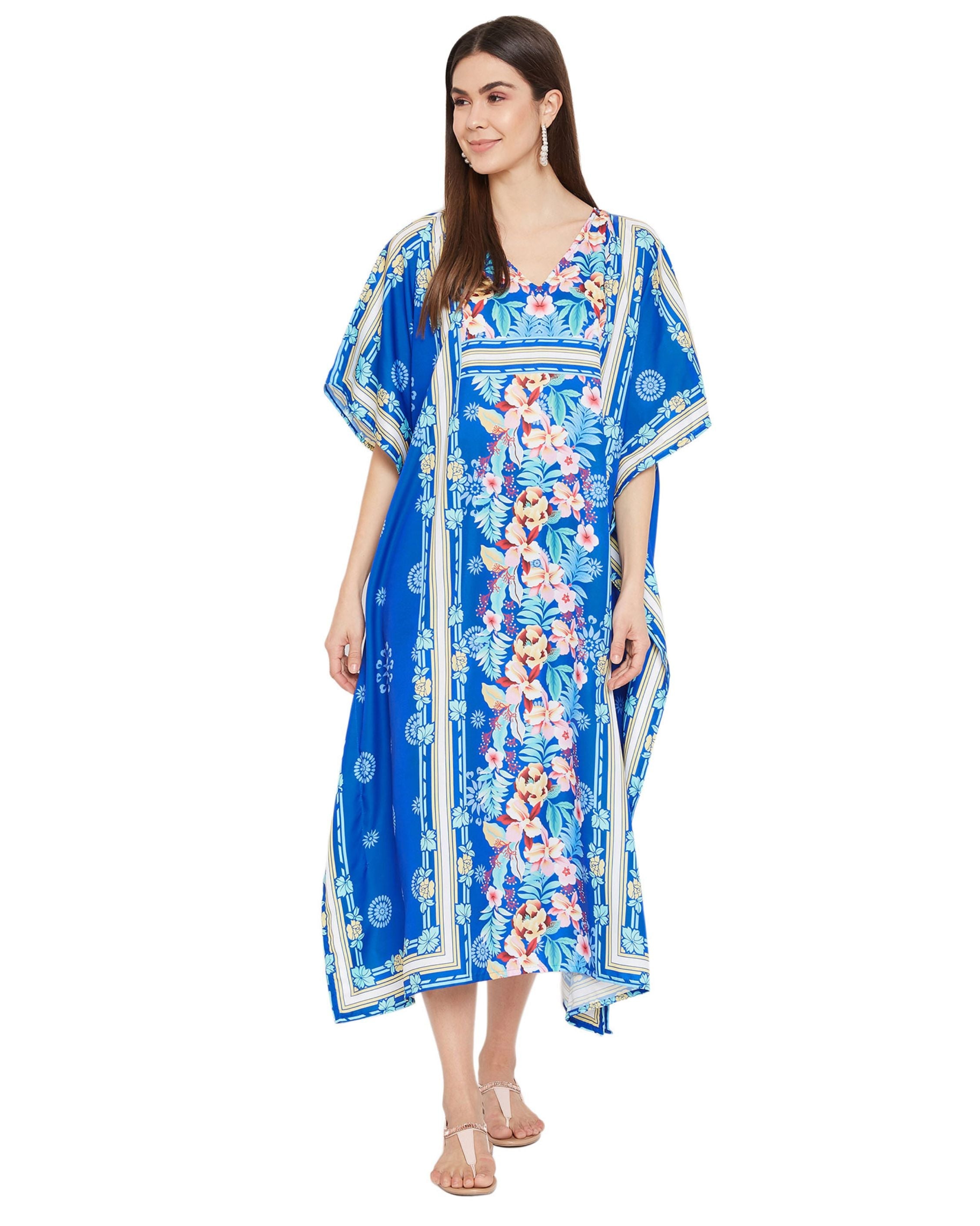 Floral Printed Blue Polyester Kaftan Dress Plus Size For Women