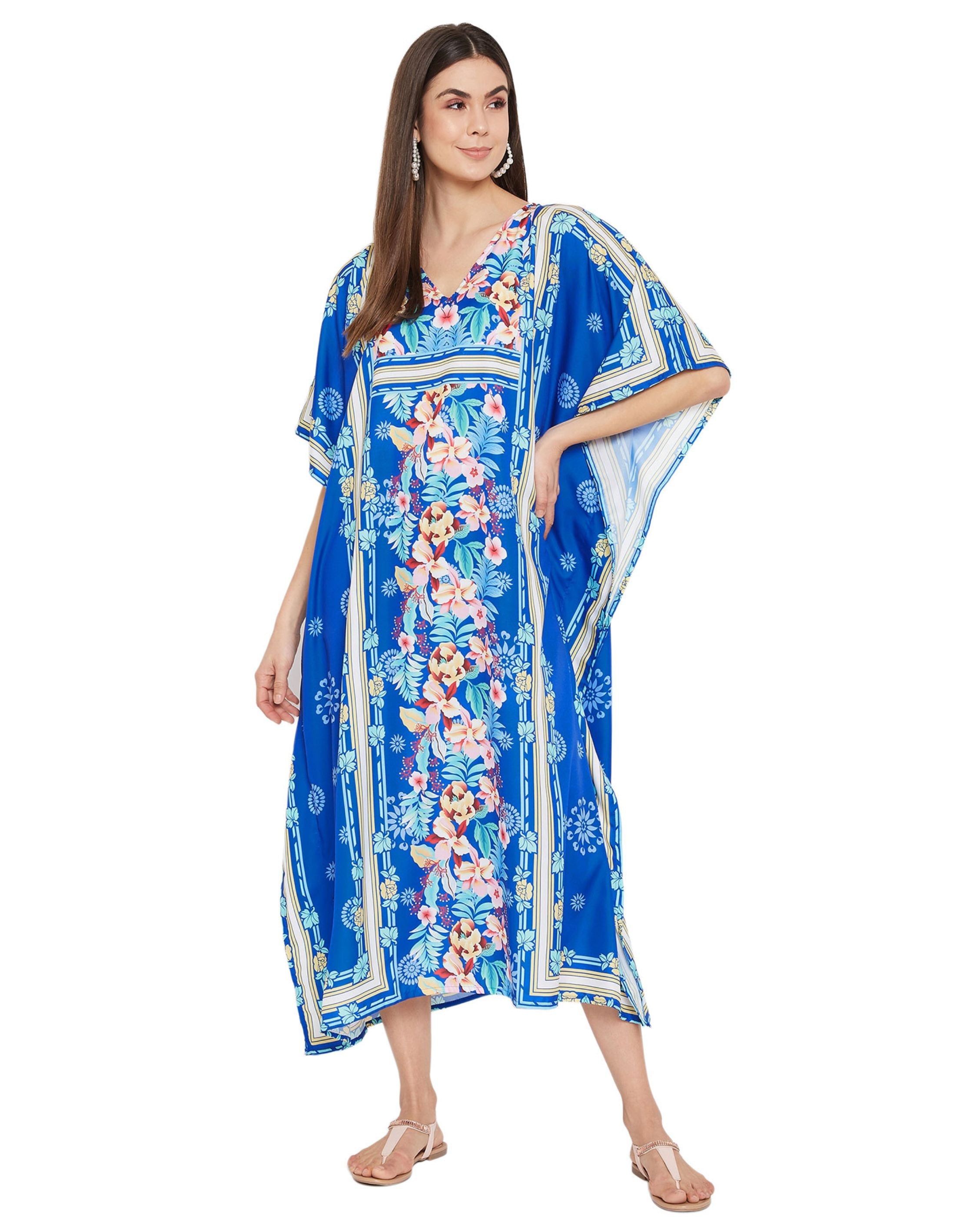 Floral Printed Blue Polyester Kaftan Dress Plus Size For Women